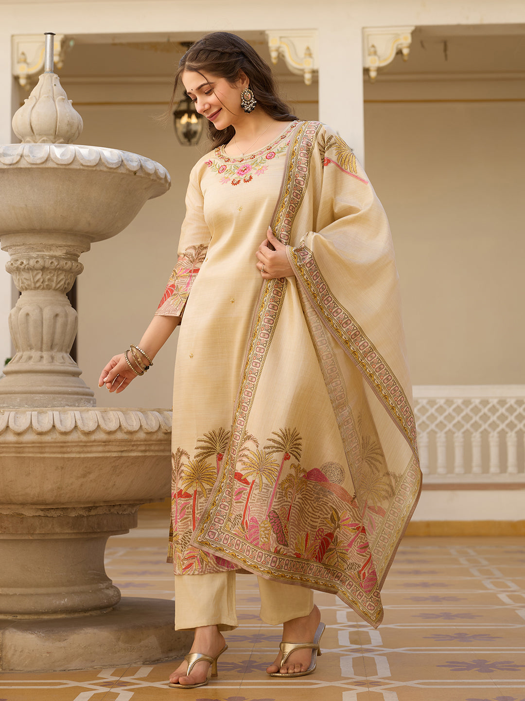 Beige Viscose Assam Silk Floral Embroidered Kurta Pant Set
