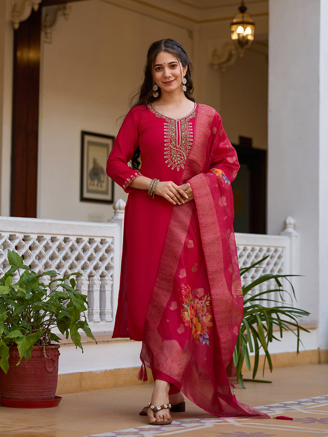 Rani Pink Viscose Chanderi Embroidered Kurta Pant Set