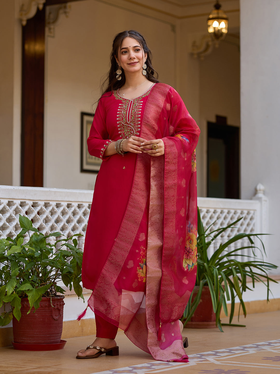 Rani Pink Viscose Chanderi Embroidered Kurta Pant Set