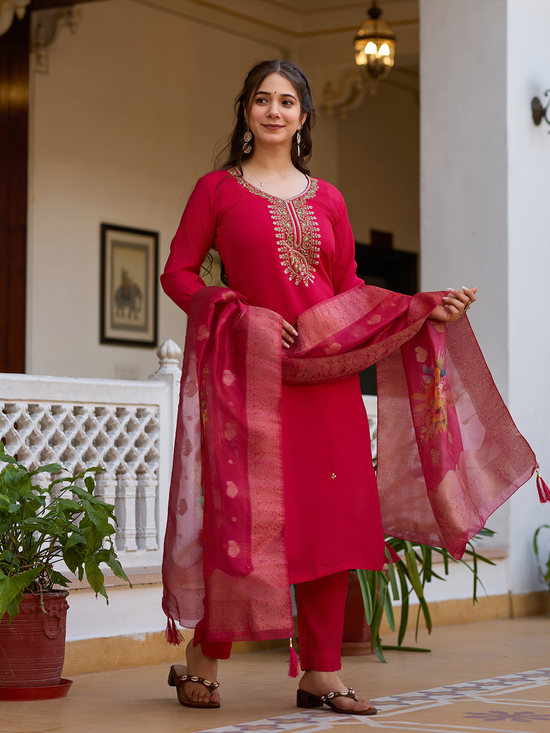 Rani Pink Viscose Chanderi Embroidered Kurta Pant Set