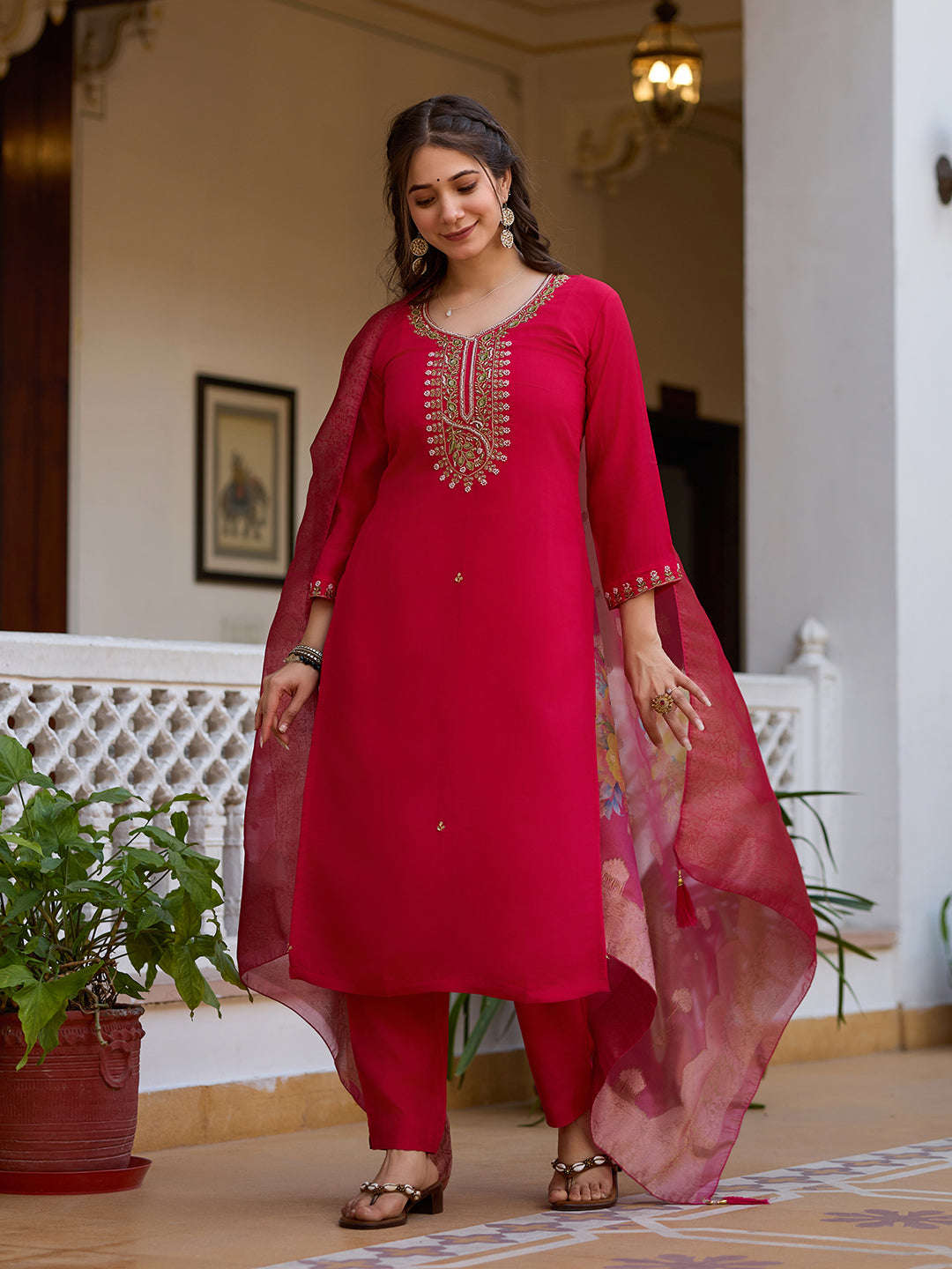 Rani Pink Viscose Chanderi Embroidered Kurta Pant Set