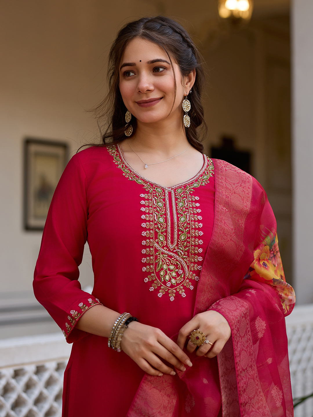 Rani Pink Viscose Chanderi Embroidered Kurta Pant Set
