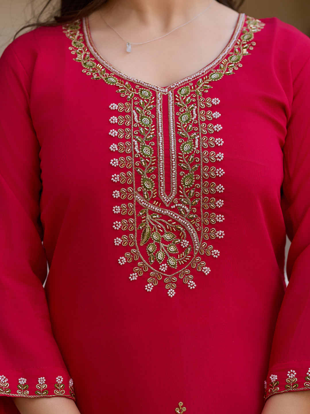 Rani Pink Viscose Chanderi Embroidered Kurta Pant Set