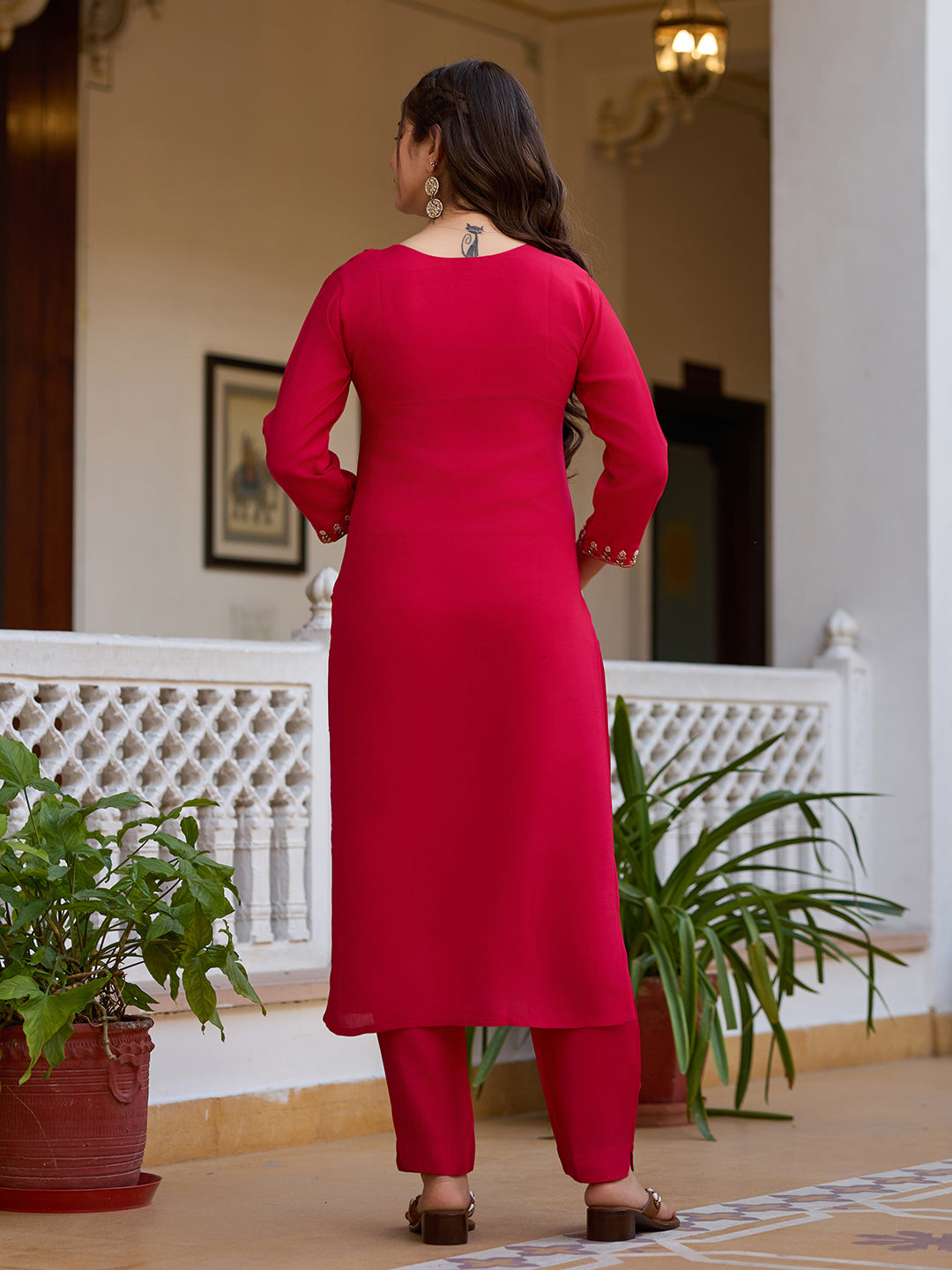 Rani Pink Viscose Chanderi Embroidered Kurta Pant Set