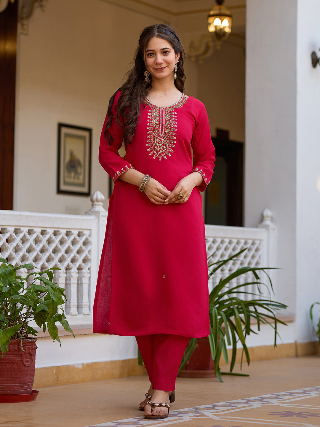 Rani Pink Viscose Chanderi Embroidered Kurta Pant Set