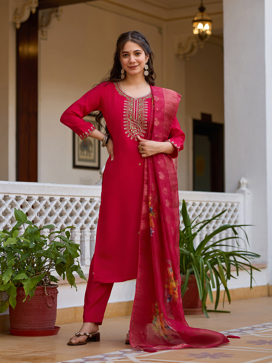 Rani Pink Viscose Chanderi Embroidered Kurta Pant Set