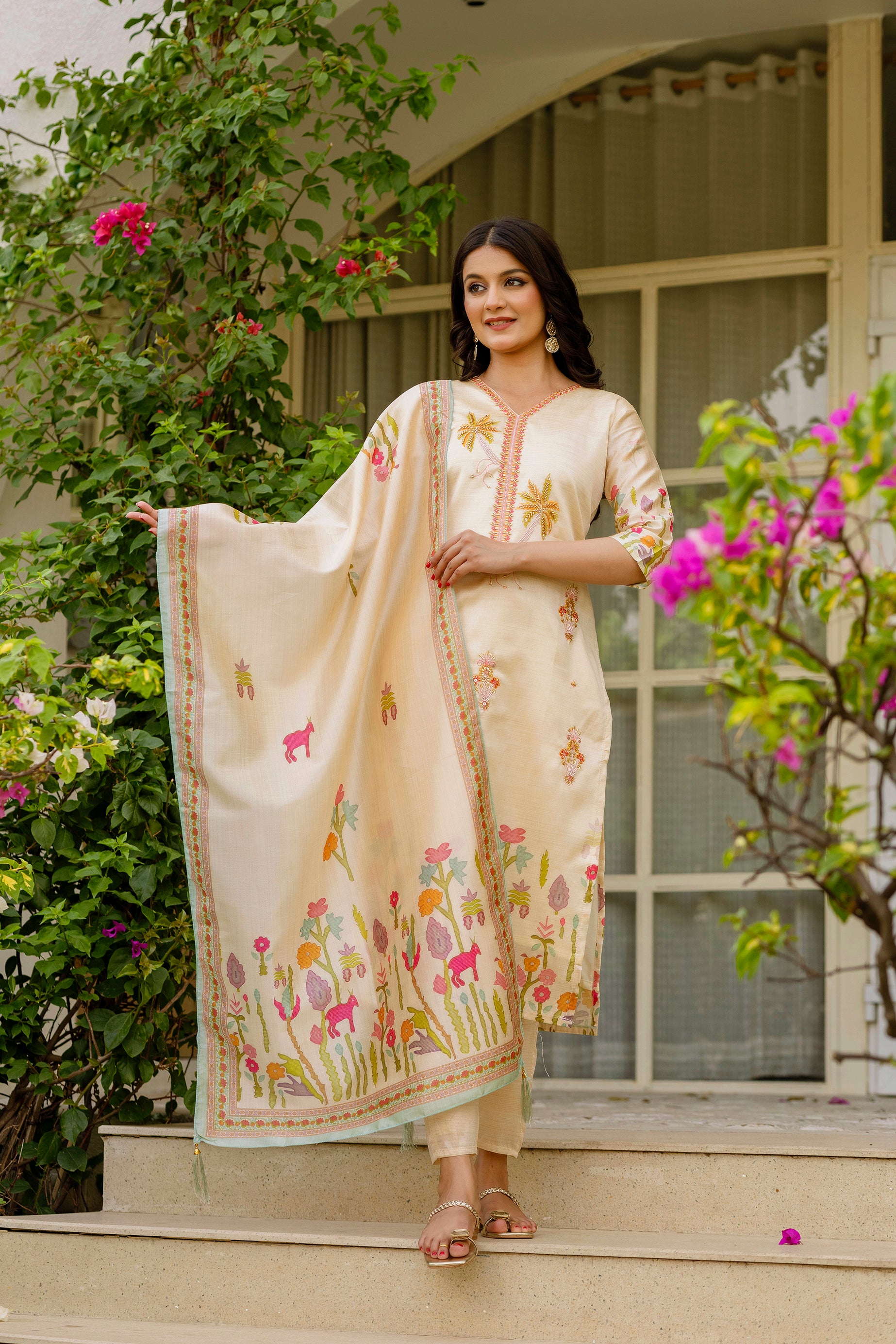 Cream Assam Silk Embroidered Kurta Set