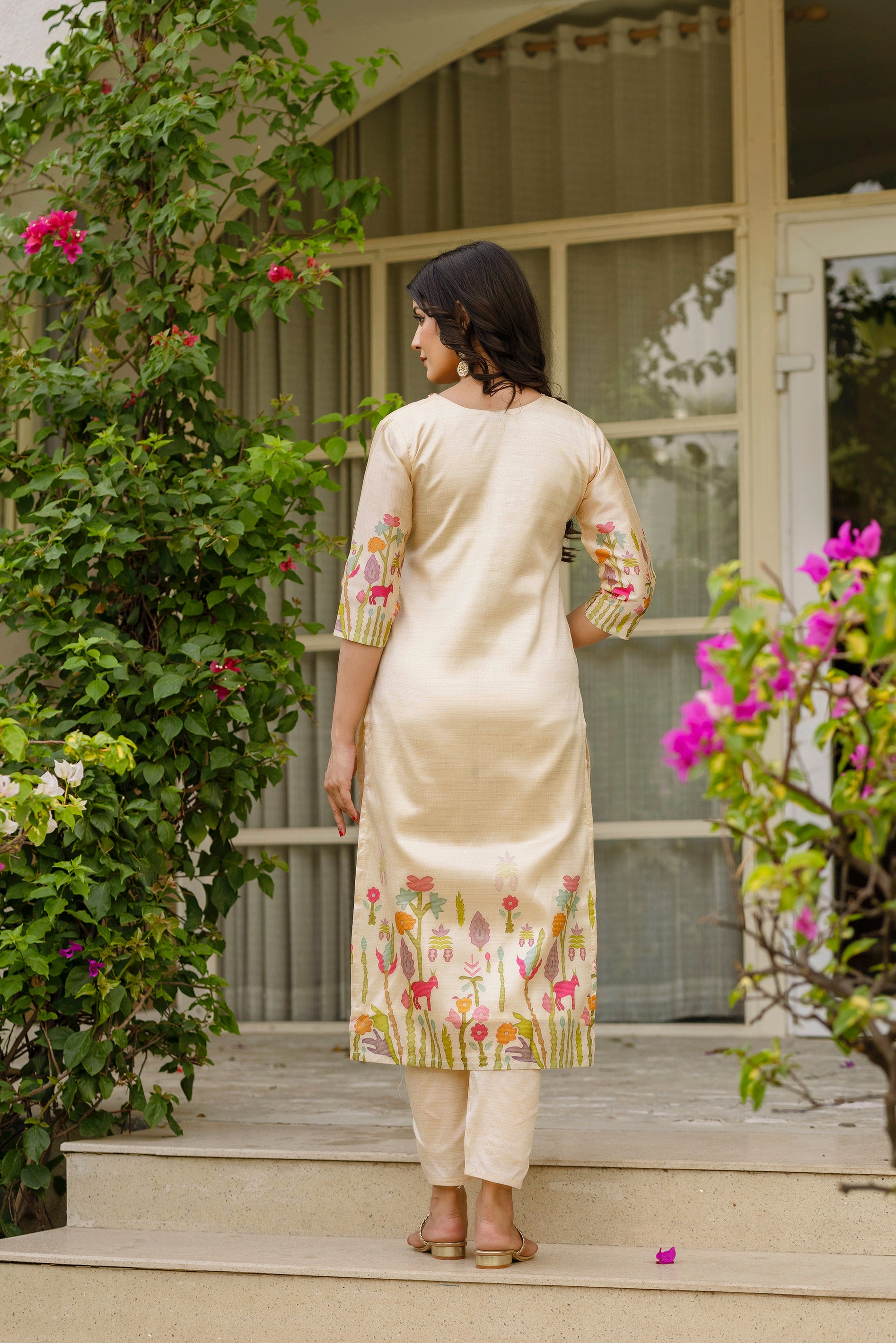 Cream Assam Silk Embroidered Kurta Set