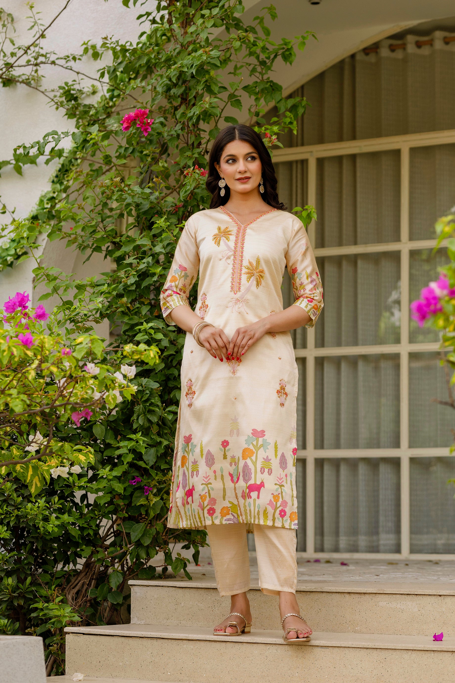 Cream Assam Silk Embroidered Kurta Set