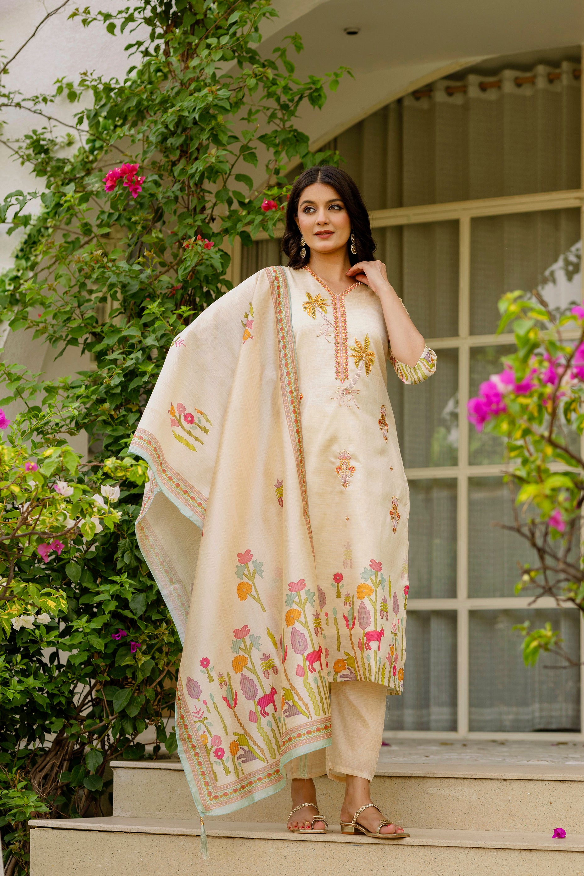 Cream Assam Silk Embroidered Kurta Set