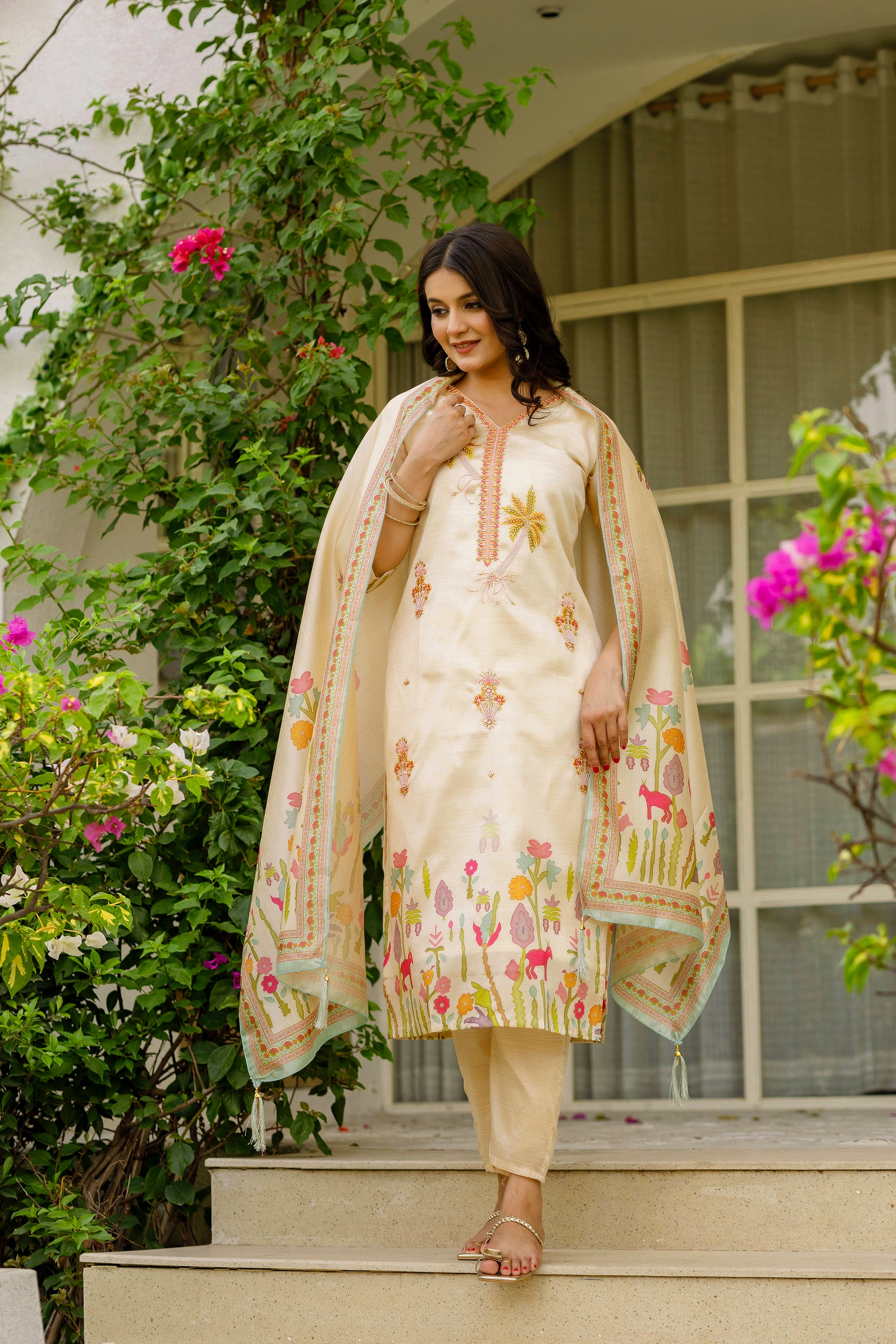 Cream Assam Silk Embroidered Kurta Set