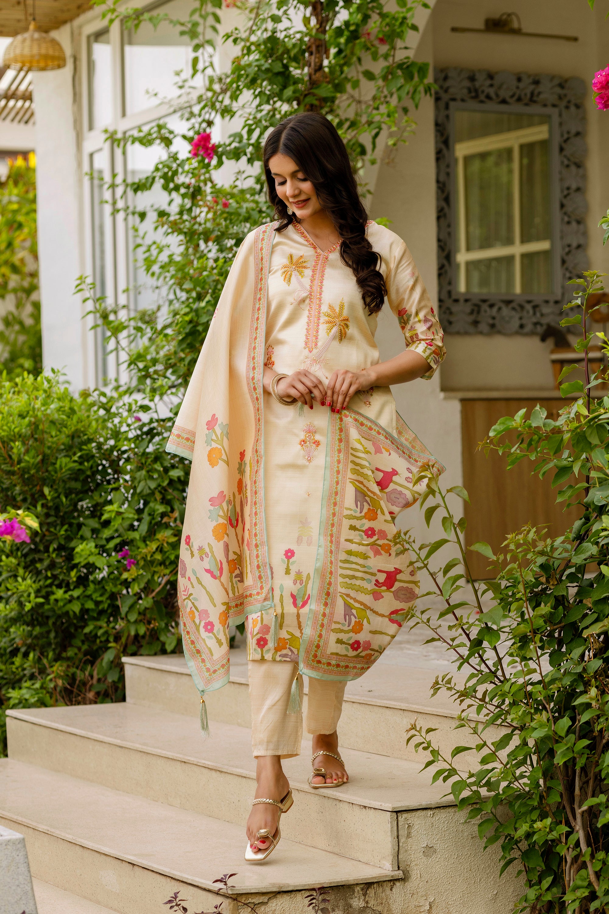 Cream Assam Silk Embroidered Kurta Set