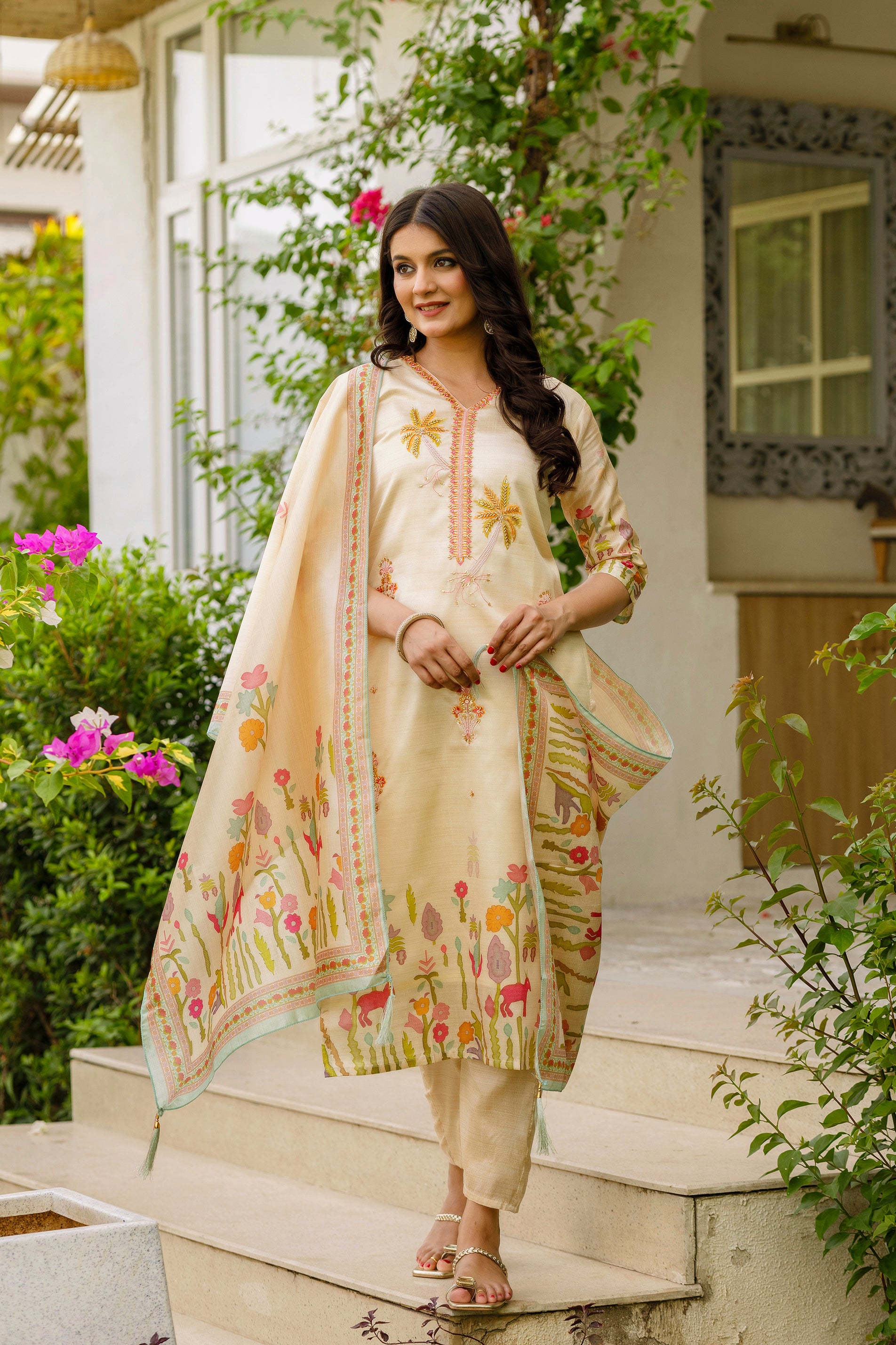 Cream Assam Silk Embroidered Kurta Set