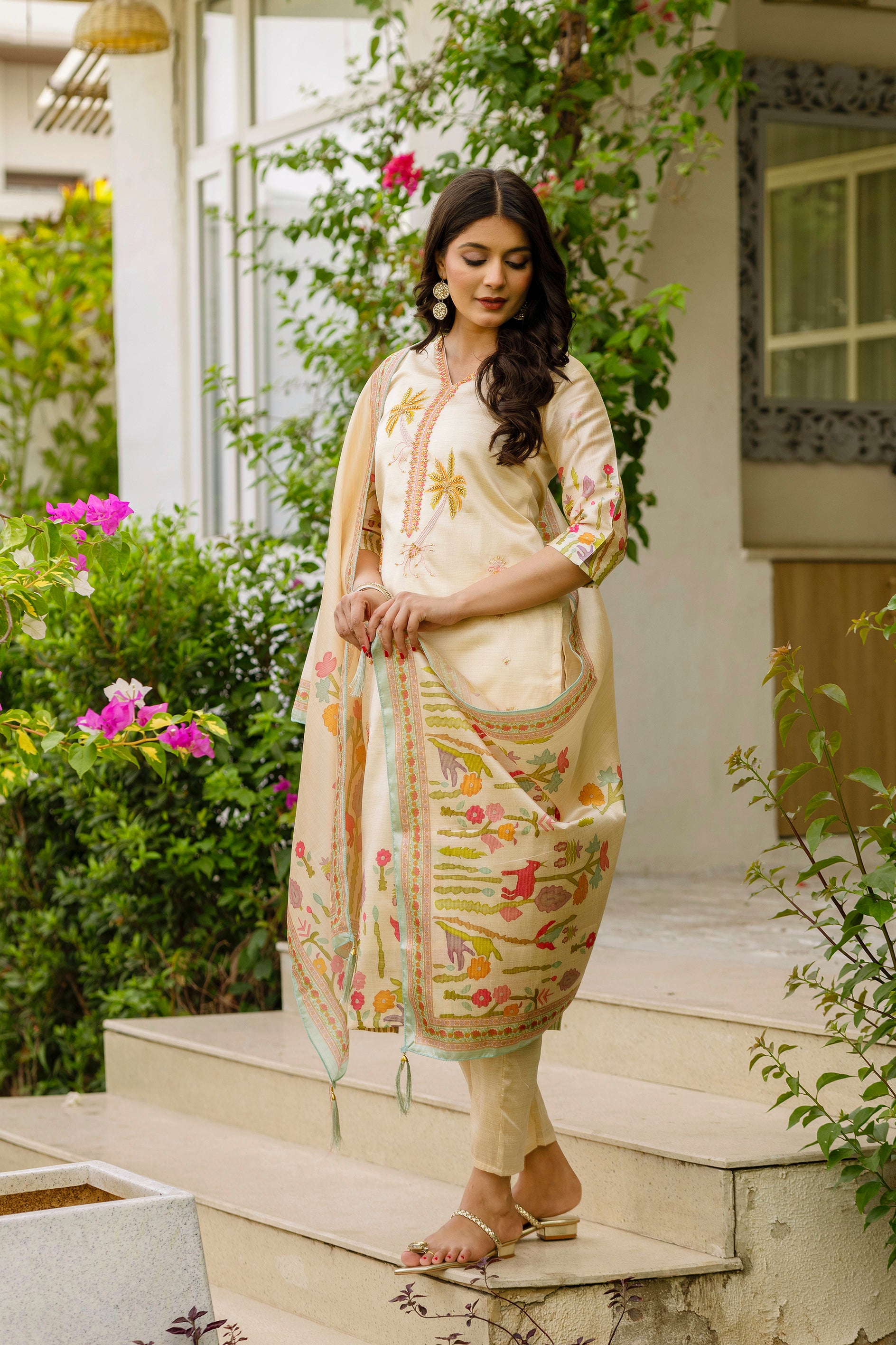 Cream Assam Silk Embroidered Kurta Set
