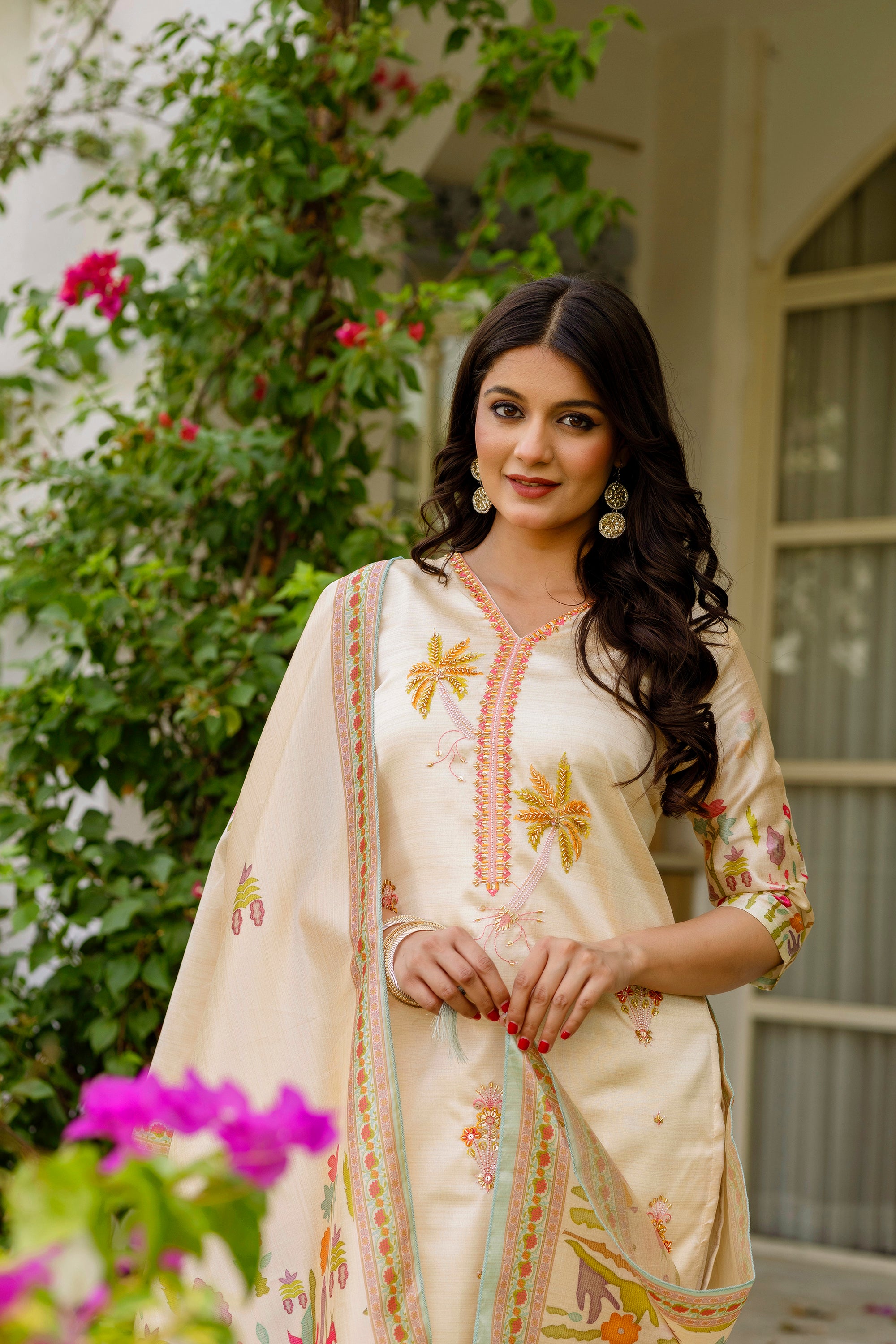 Cream Assam Silk Embroidered Kurta Set