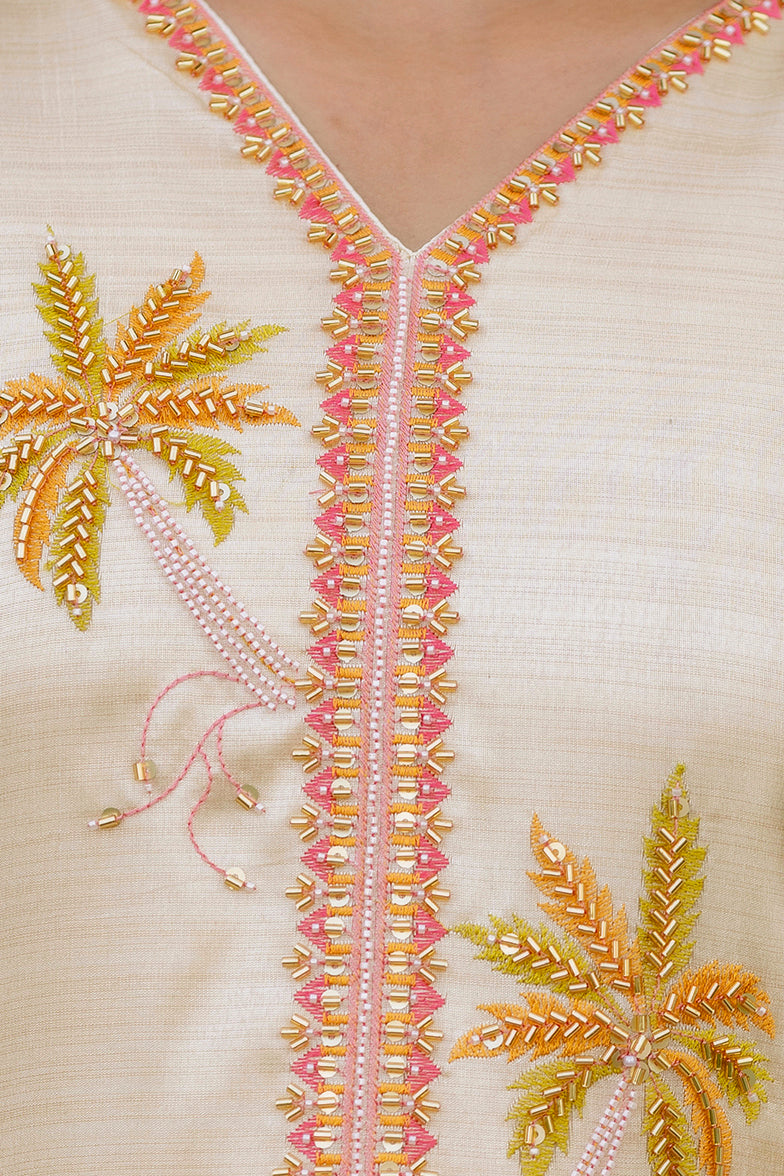 Cream Assam Silk Embroidered Kurta Set