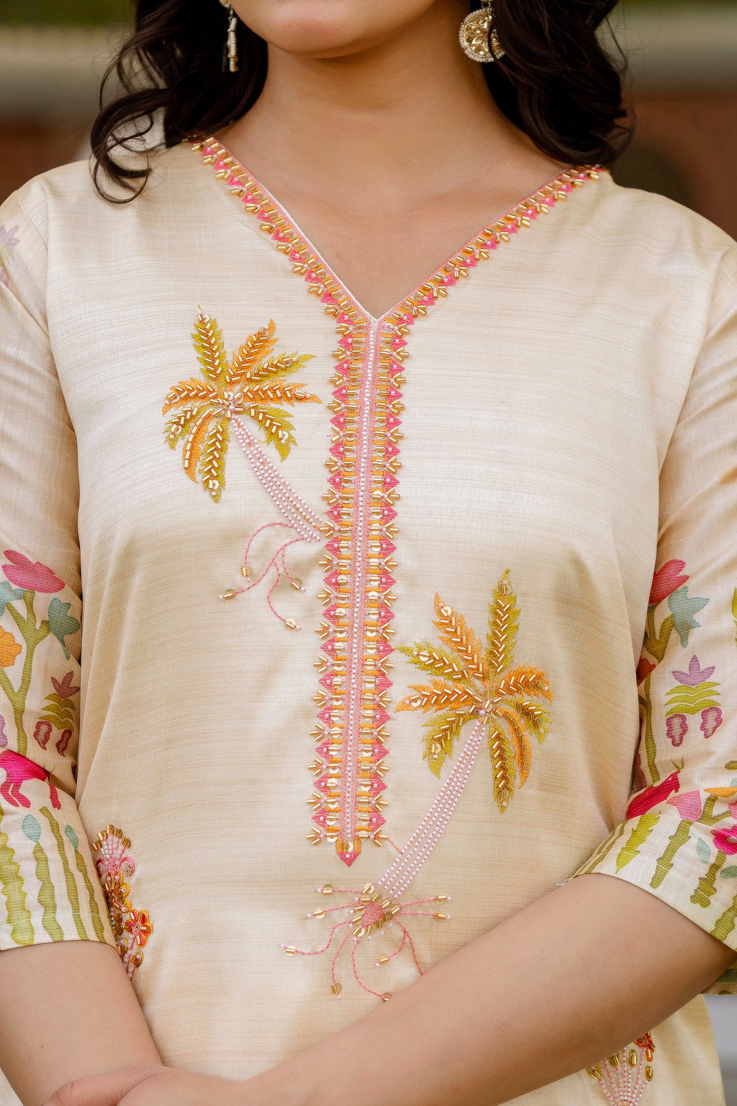 Cream Assam Silk Embroidered Kurta Set