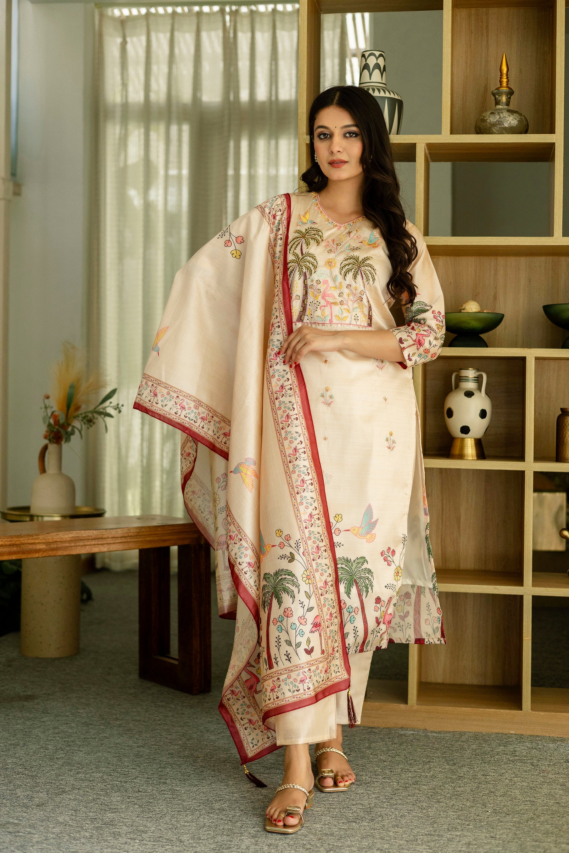 Cream Tropical Palm Tree Embroidered Assam Silk Kurta Set