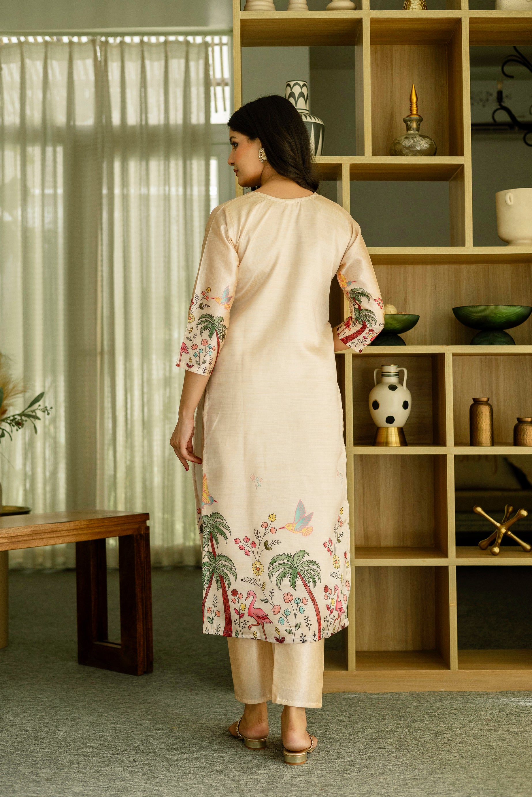 Cream Tropical Palm Tree Embroidered Assam Silk Kurta Set