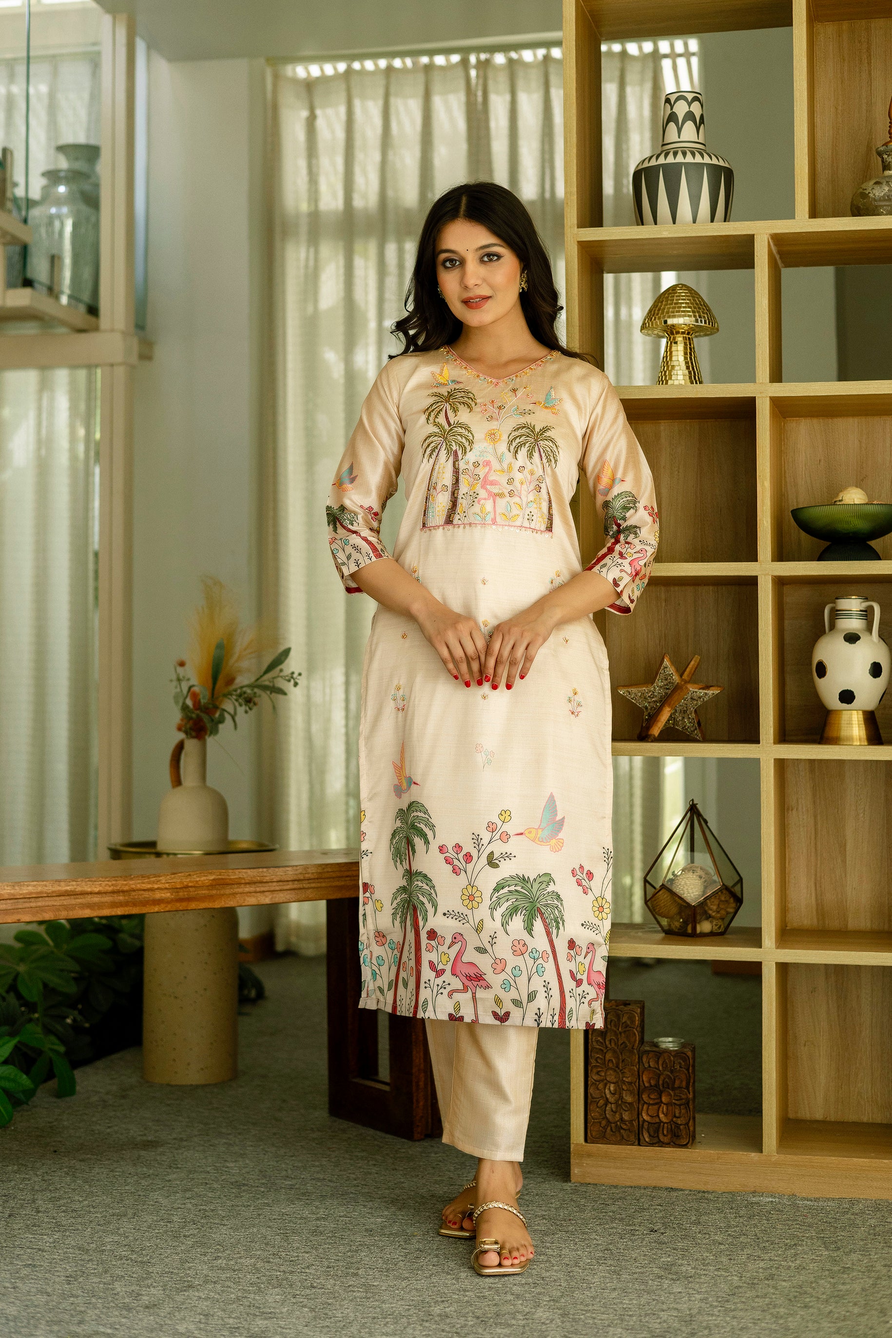 Cream Tropical Palm Tree Embroidered Assam Silk Kurta Set