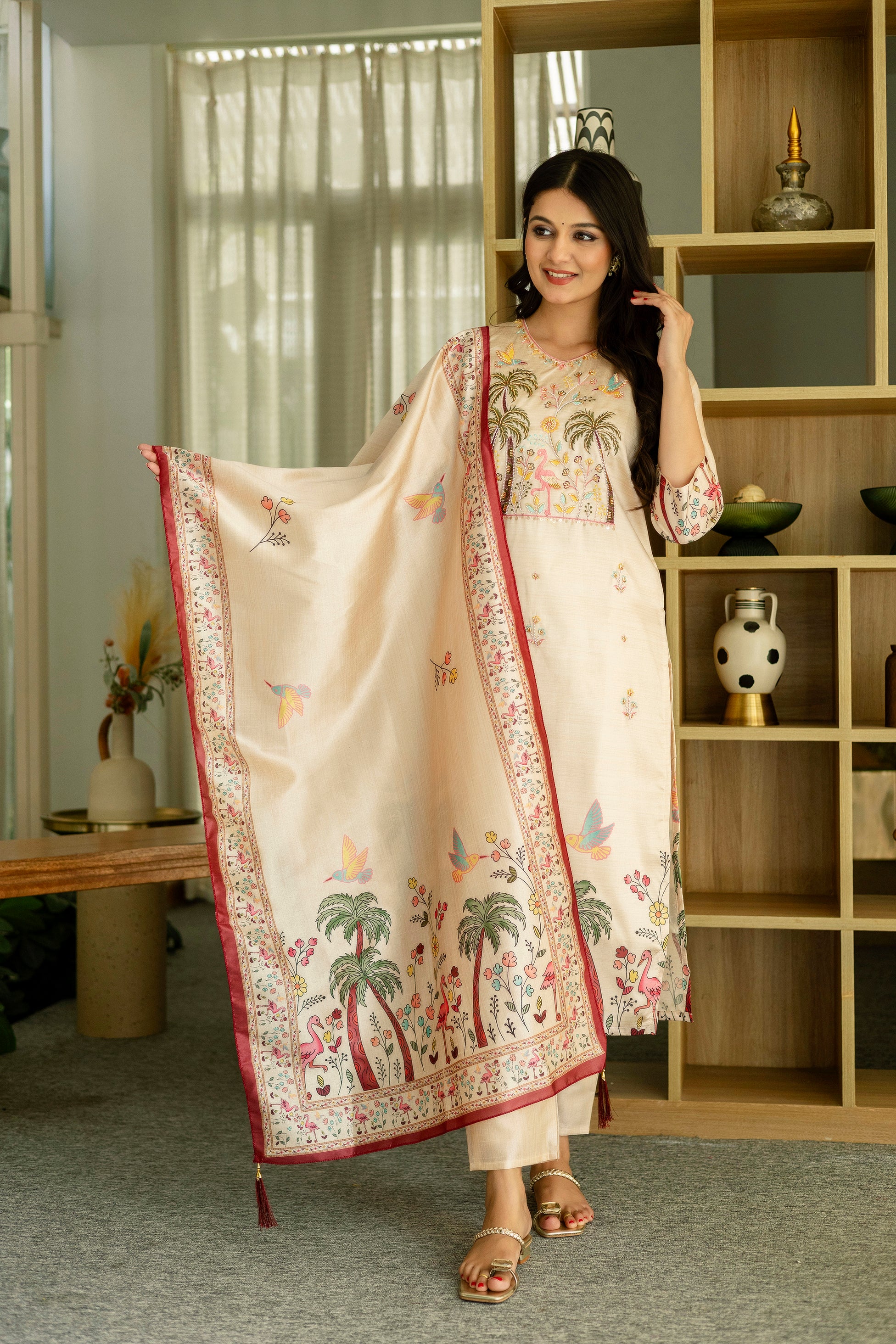 Cream Tropical Palm Tree Embroidered Assam Silk Kurta Set