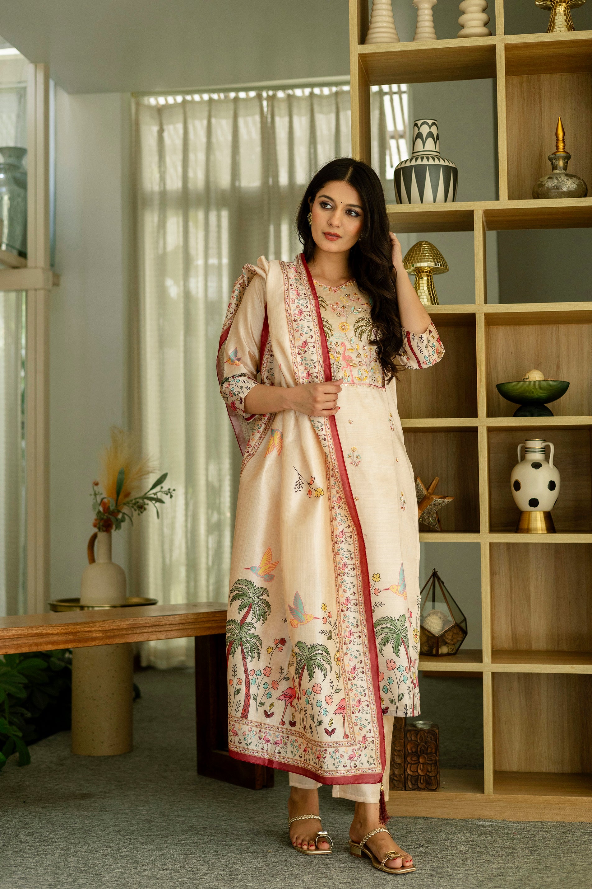 Cream Tropical Palm Tree Embroidered Assam Silk Kurta Set