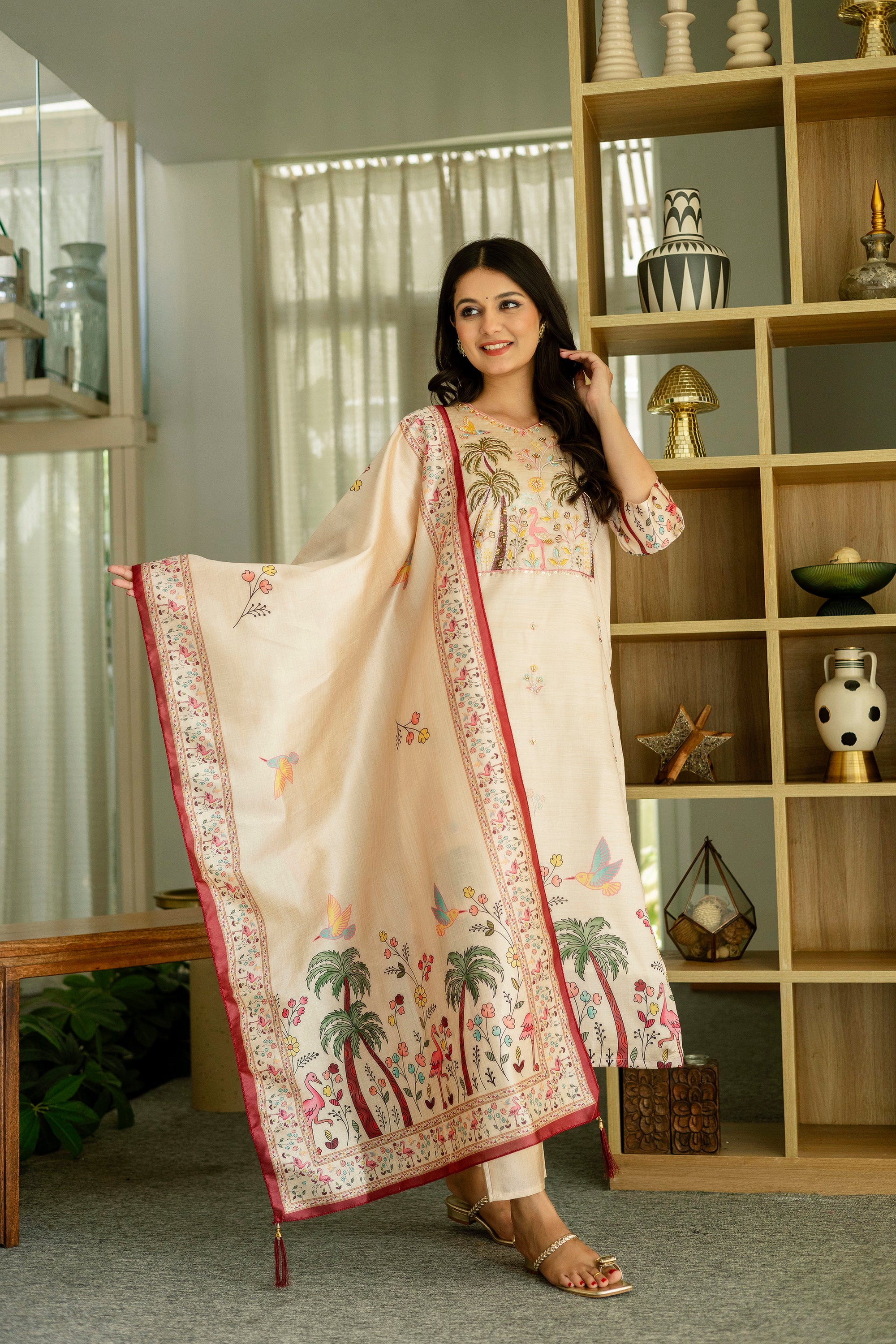 Cream Tropical Palm Tree Embroidered Assam Silk Kurta Set
