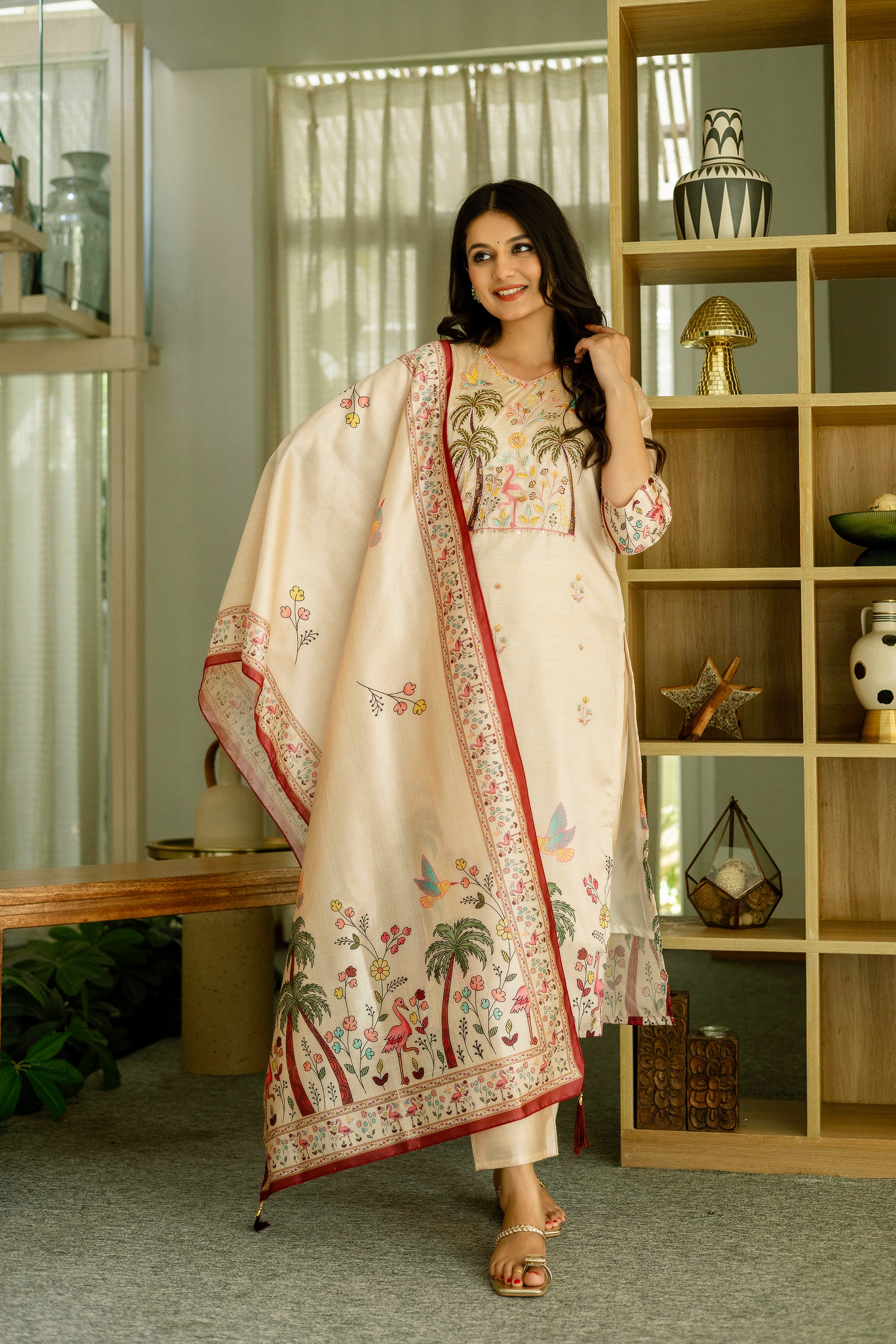 Cream Tropical Palm Tree Embroidered Assam Silk Kurta Set