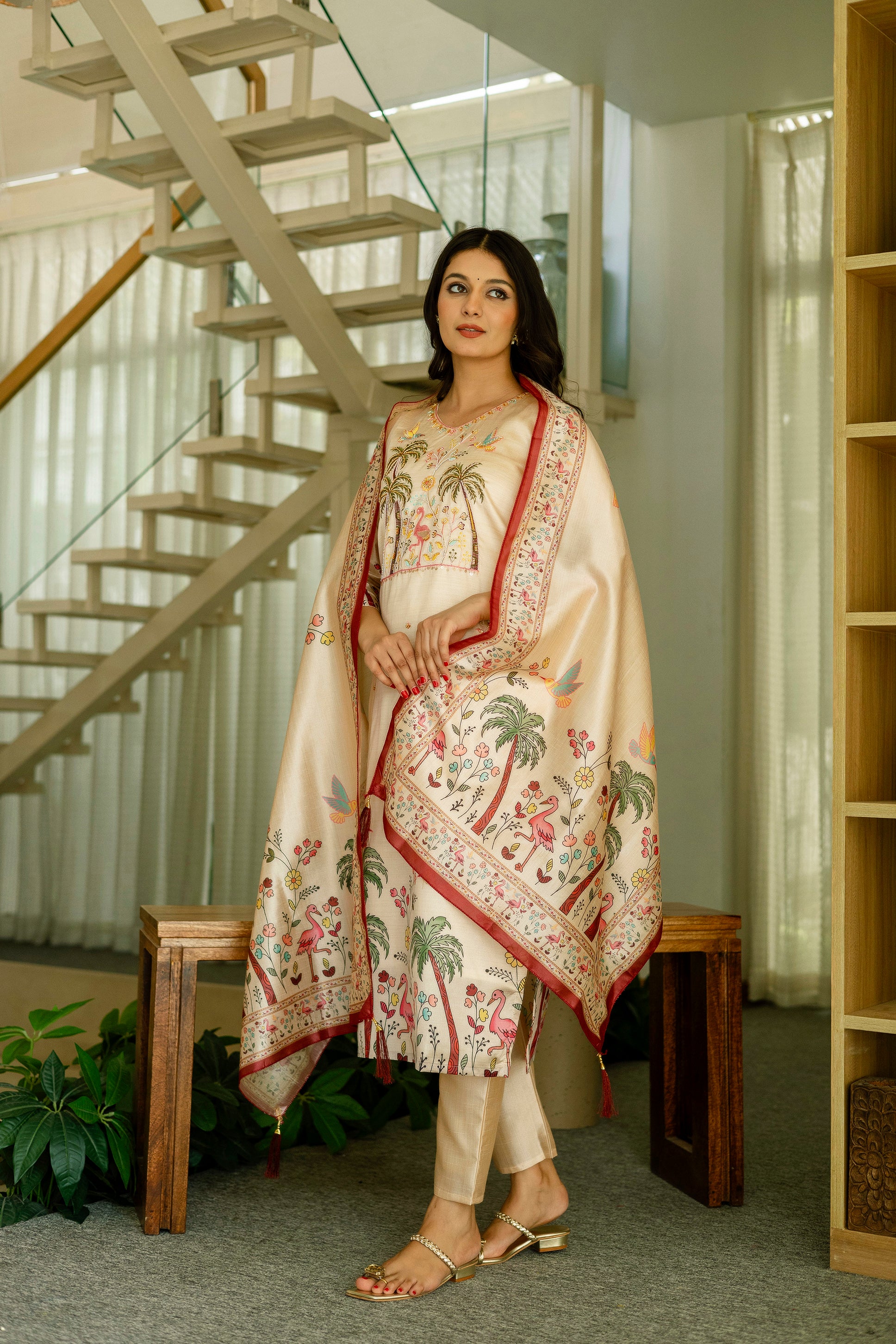 Cream Tropical Palm Tree Embroidered Assam Silk Kurta Set