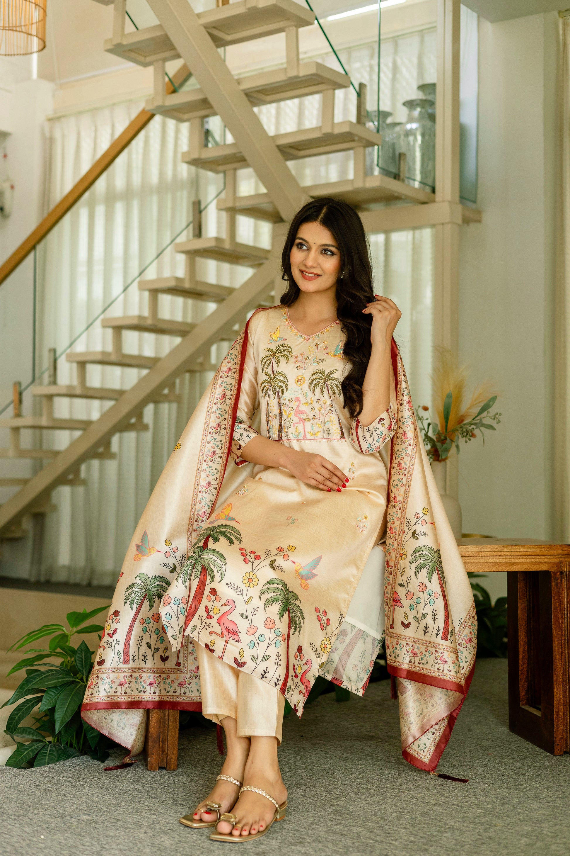 Cream Tropical Palm Tree Embroidered Assam Silk Kurta Set