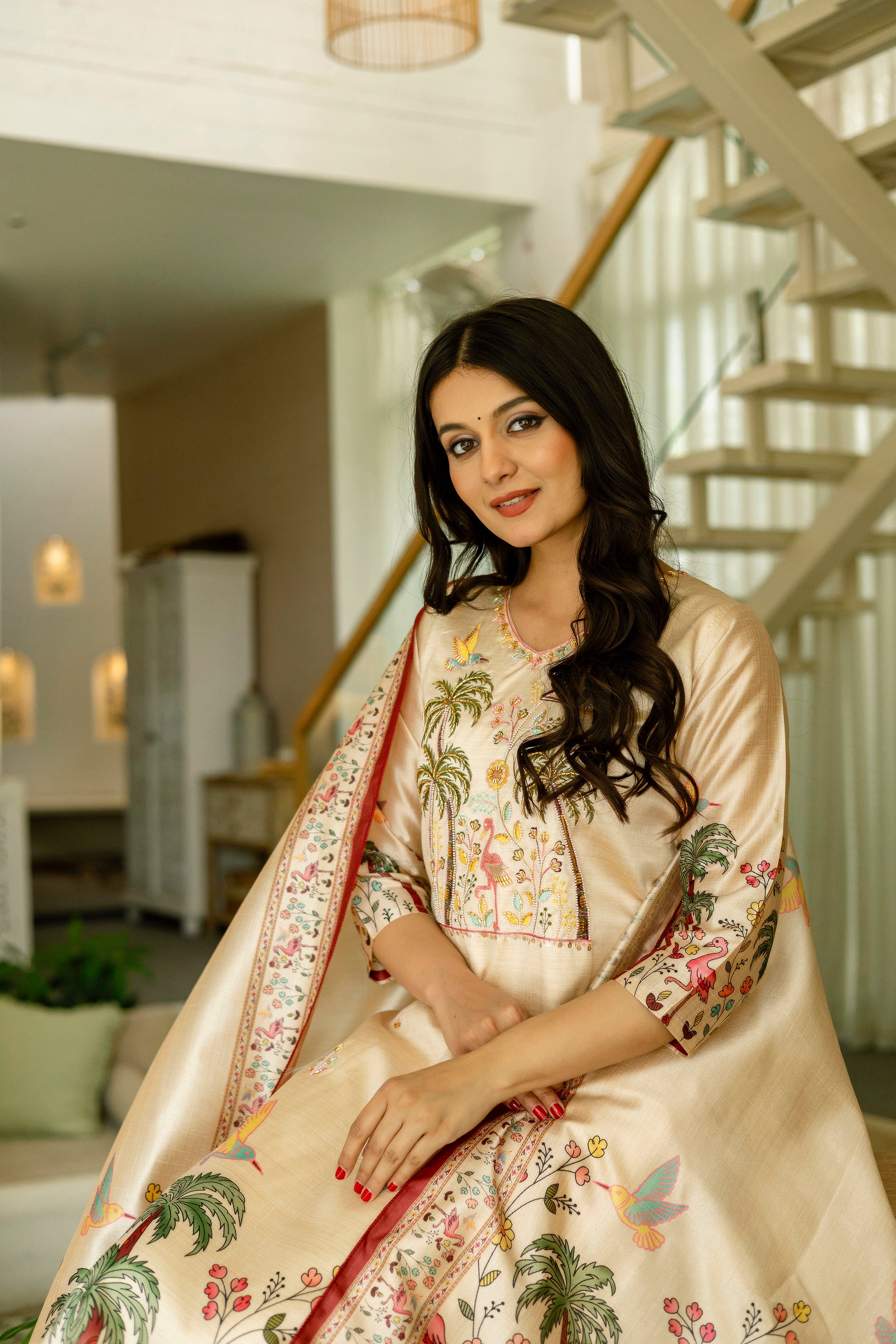 Cream Tropical Palm Tree Embroidered Assam Silk Kurta Set