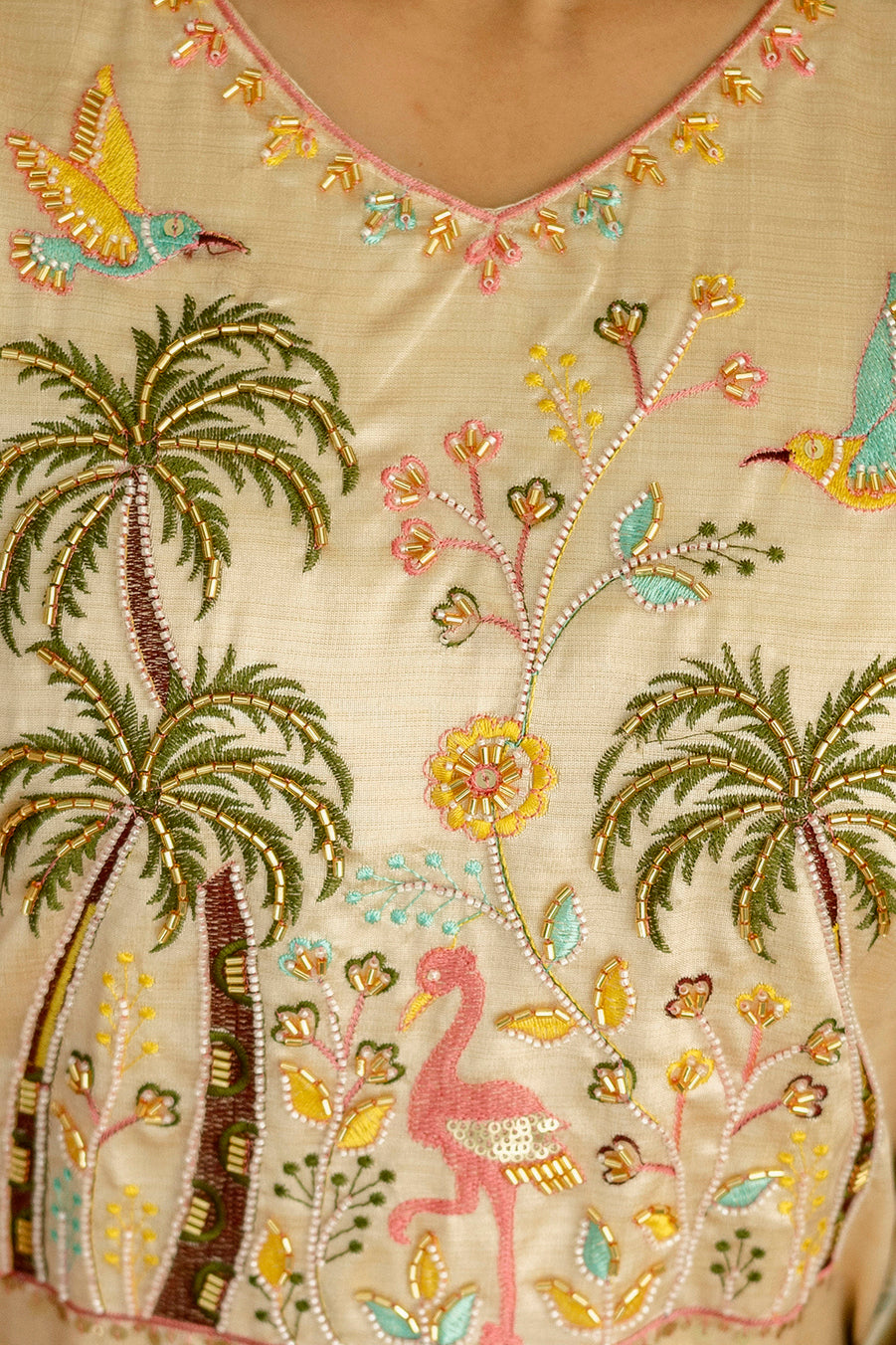 Cream Tropical Palm Tree Embroidered Assam Silk Kurta Set