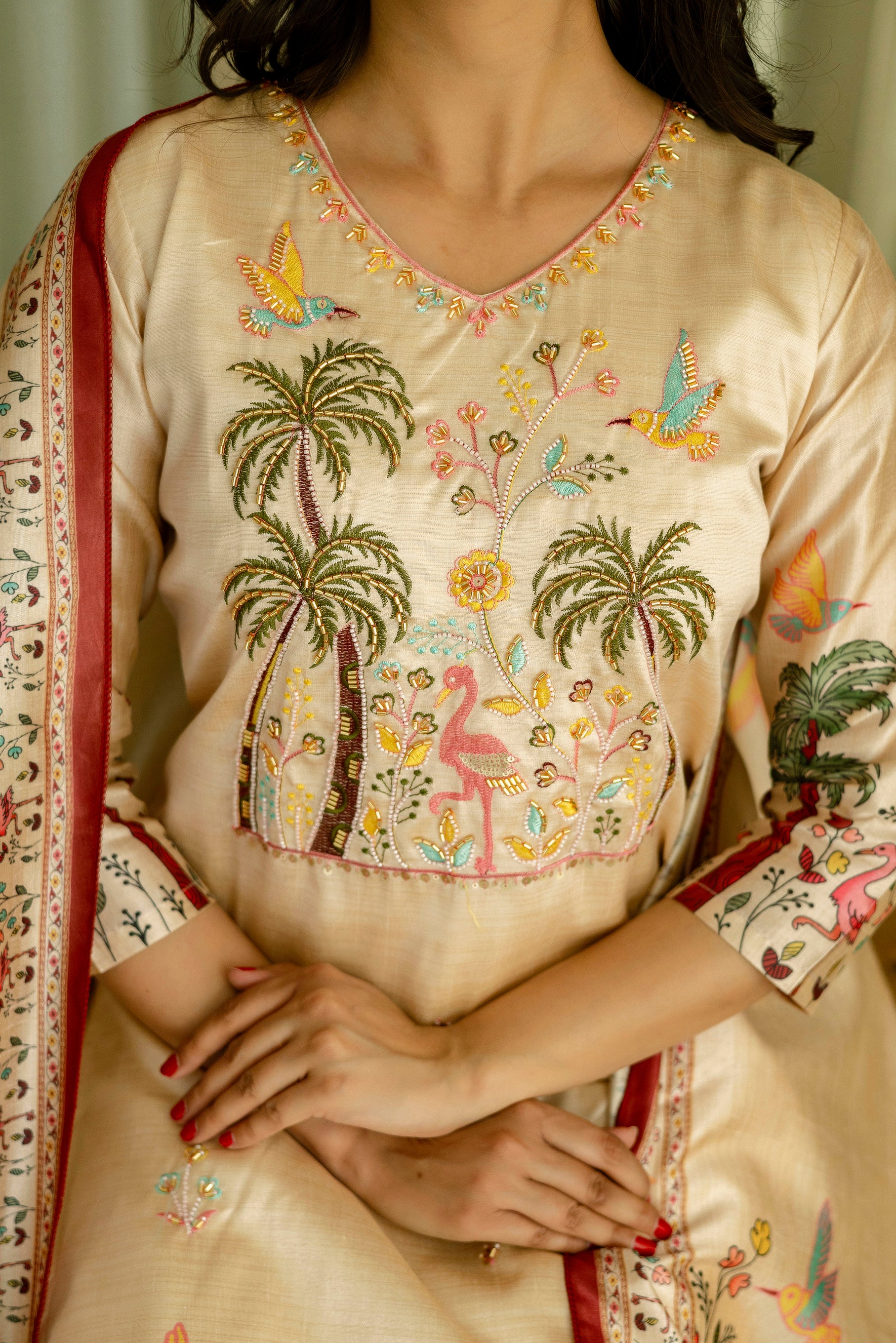 Cream Tropical Palm Tree Embroidered Assam Silk Kurta Set