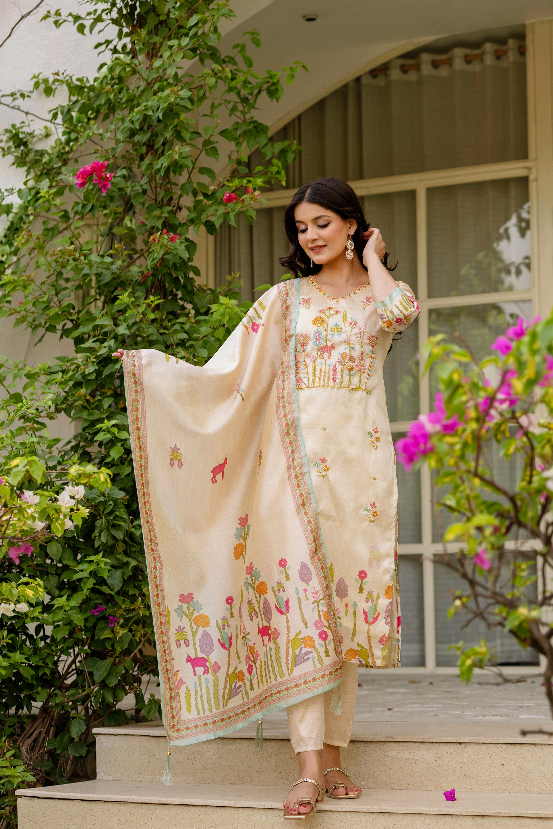 Cream Forest Embroidered Assam Silk Kurta Set