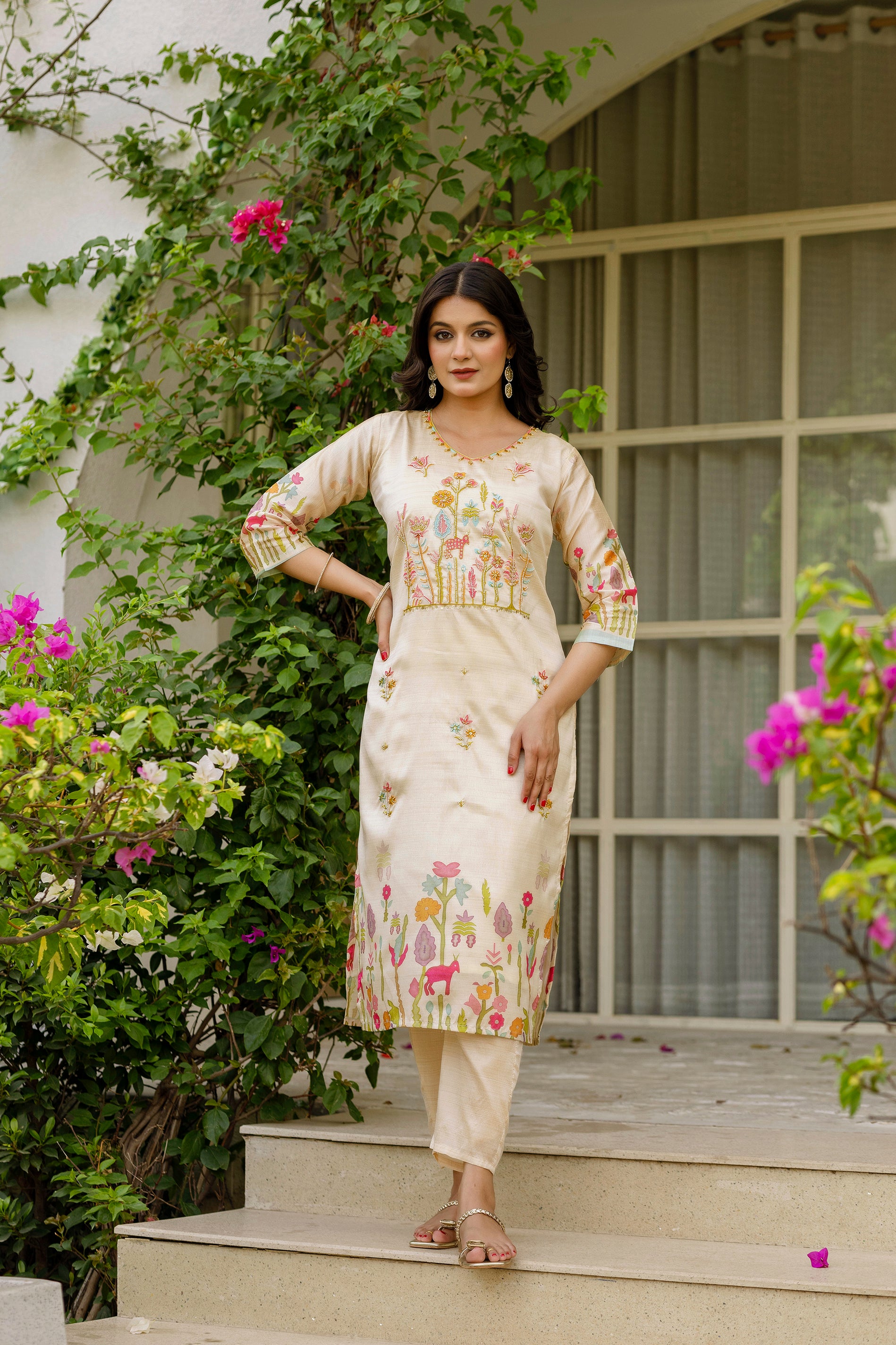 Cream Forest Embroidered Assam Silk Kurta Set