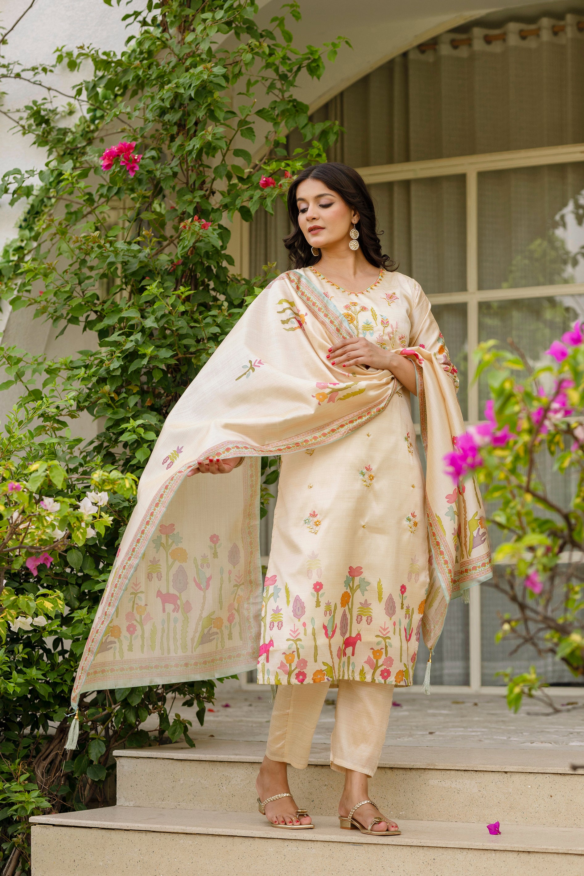 Cream Forest Embroidered Assam Silk Kurta Set