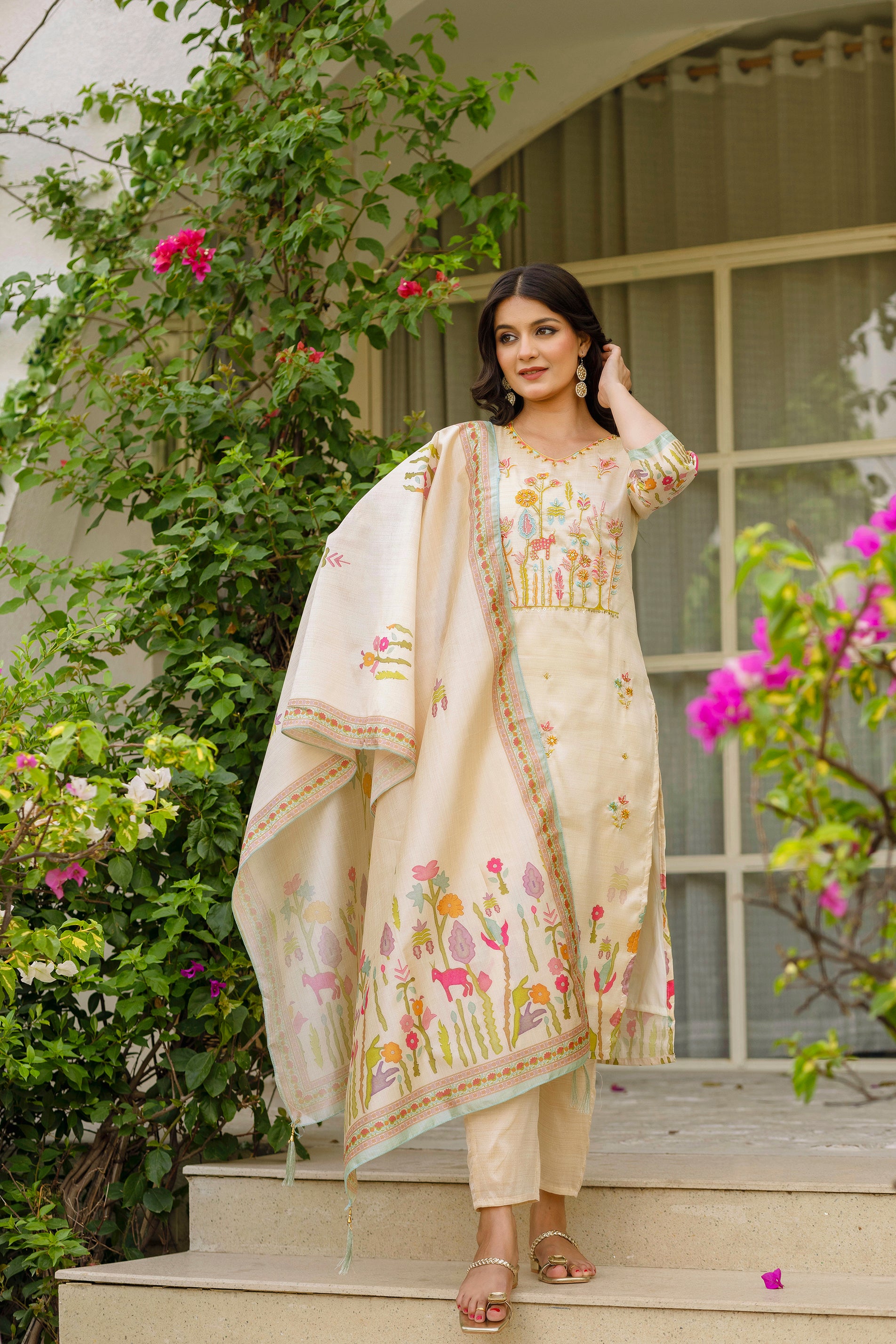 Cream Forest Embroidered Assam Silk Kurta Set