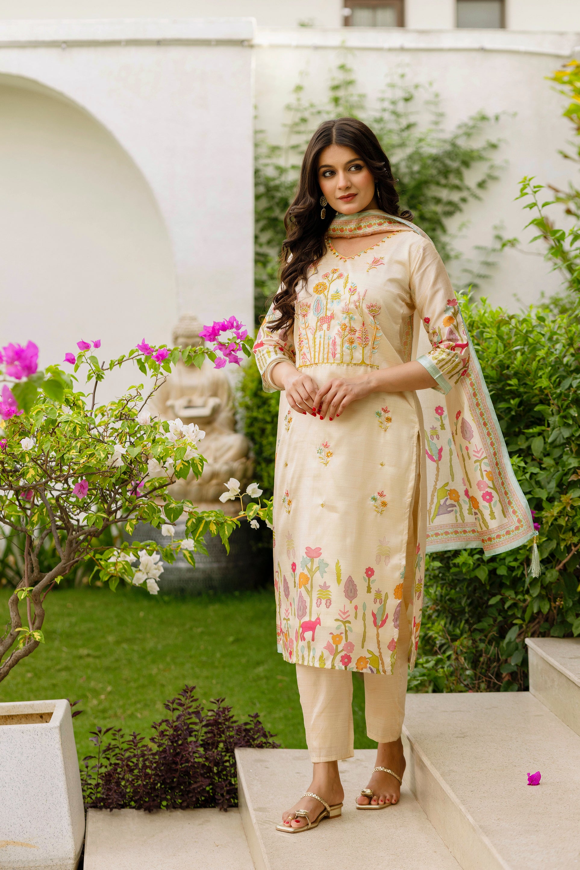 Cream Forest Embroidered Assam Silk Kurta Set