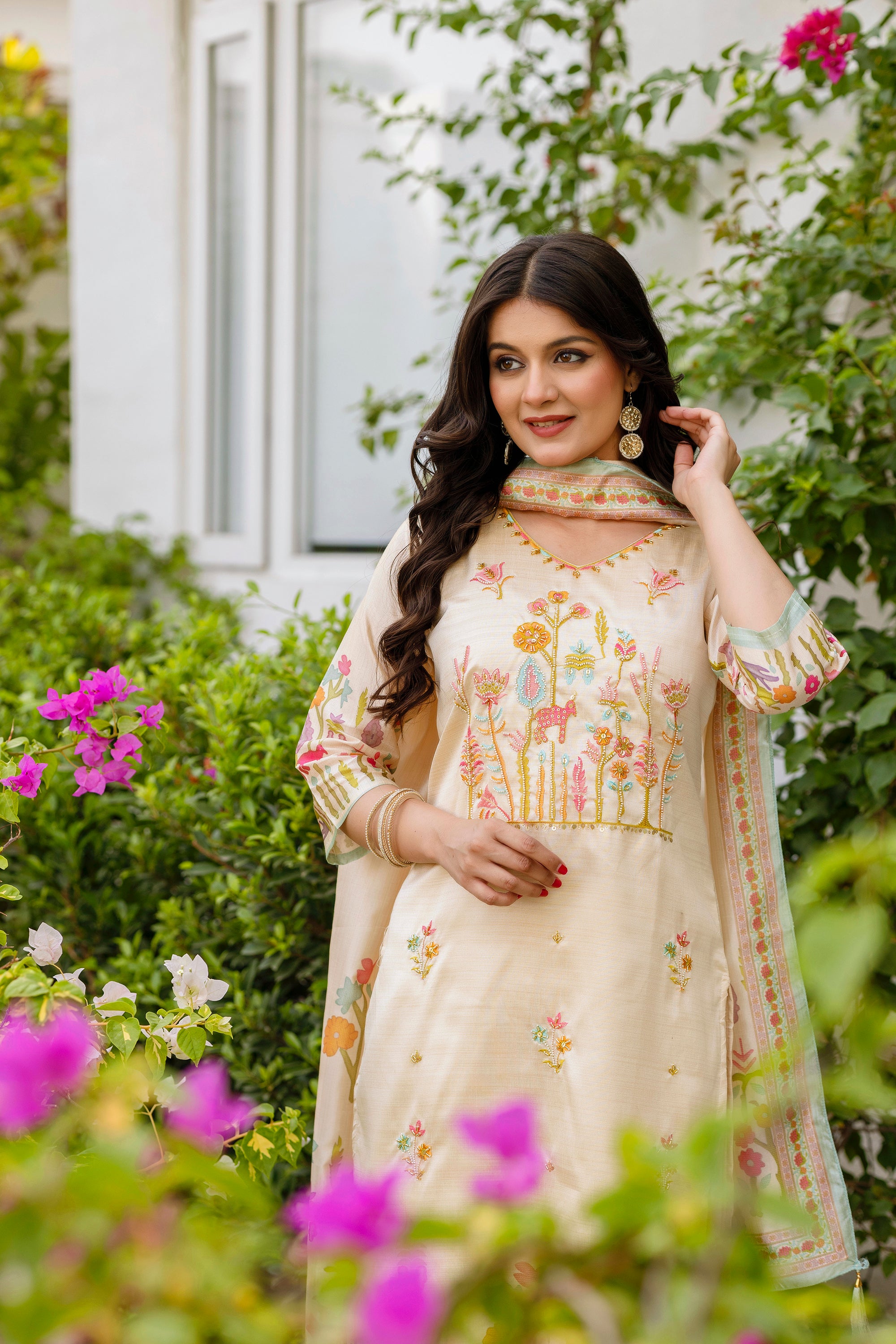 Cream Forest Embroidered Assam Silk Kurta Set