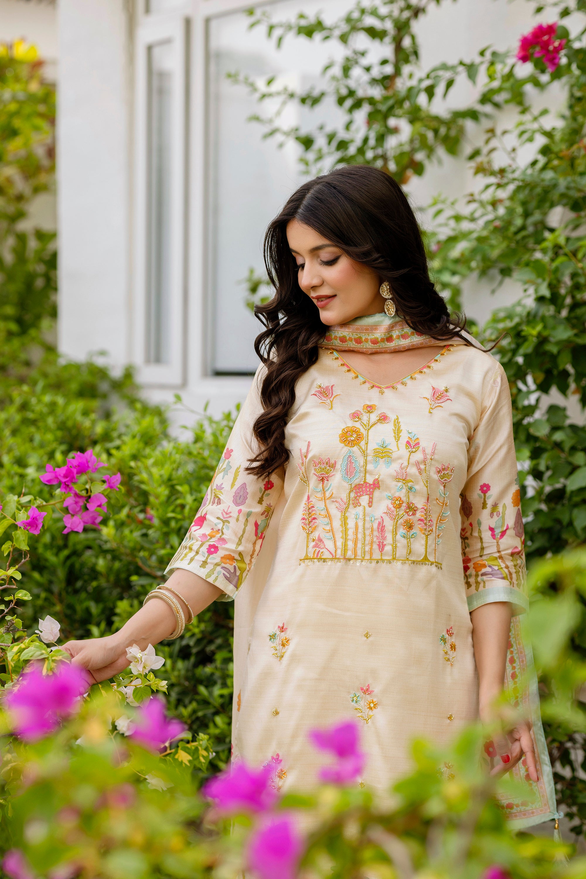 Cream Forest Embroidered Assam Silk Kurta Set