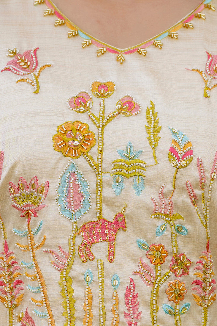 Cream Forest Embroidered Assam Silk Kurta Set
