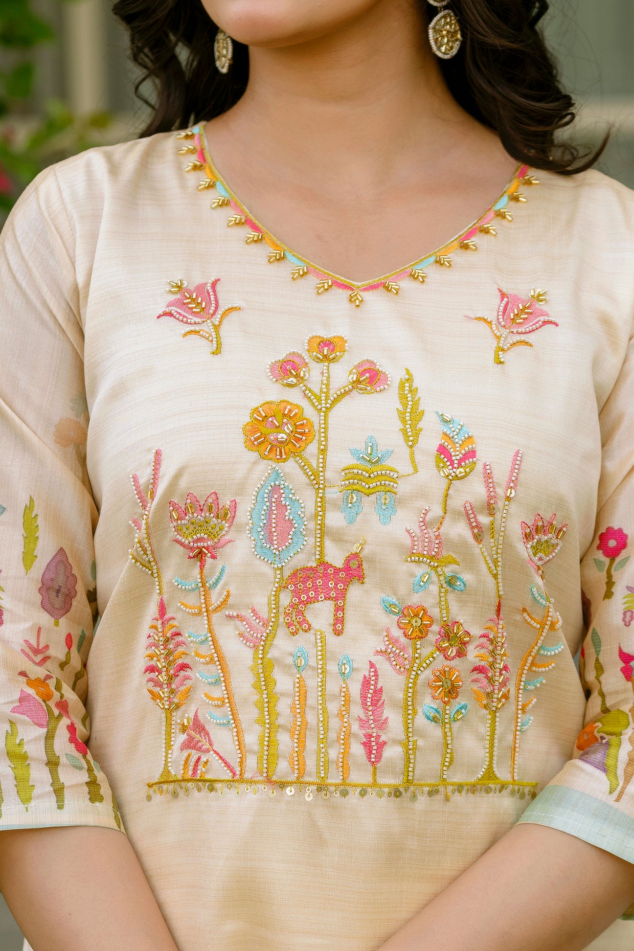 Cream Forest Embroidered Assam Silk Kurta Set