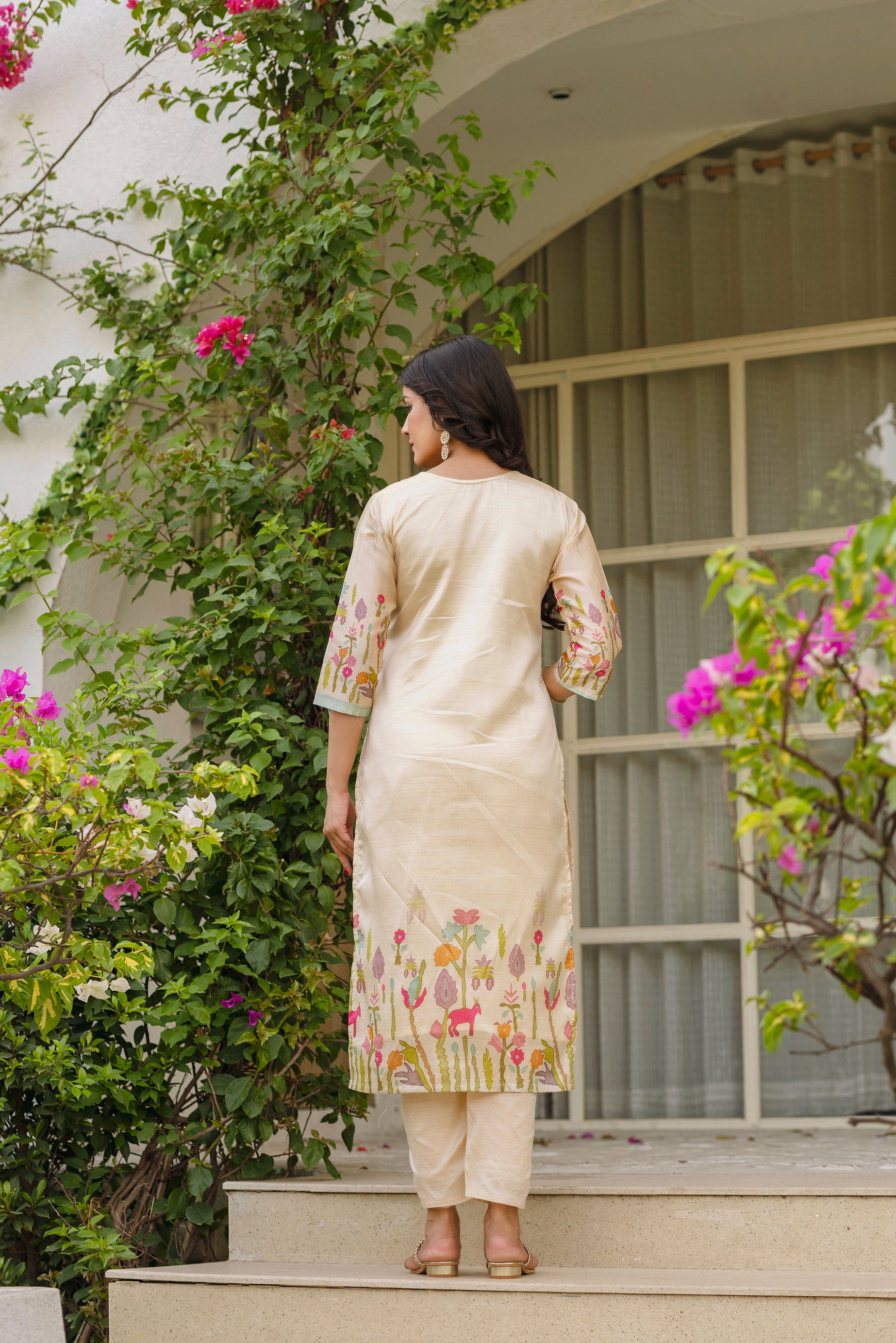 Cream Forest Embroidered Assam Silk Kurta Set