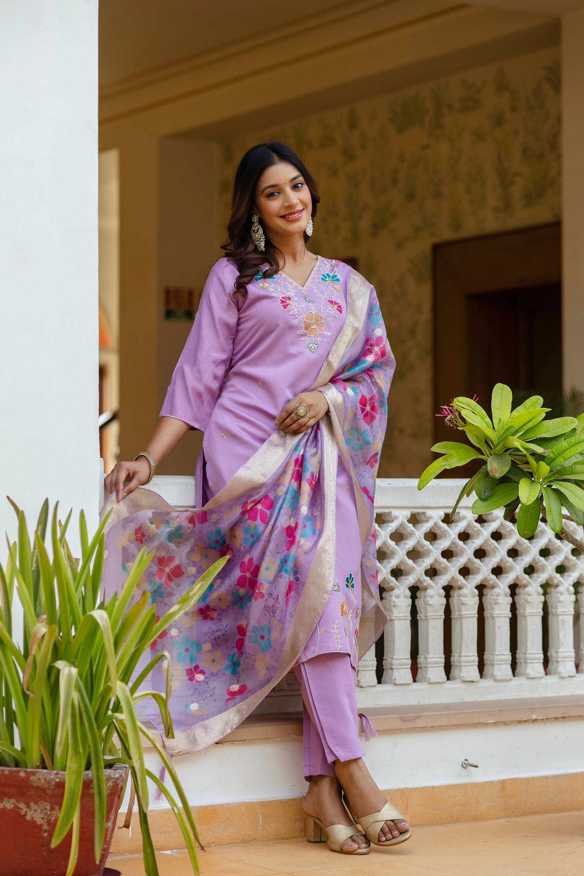 Lavender Embroidered Kurta Set
