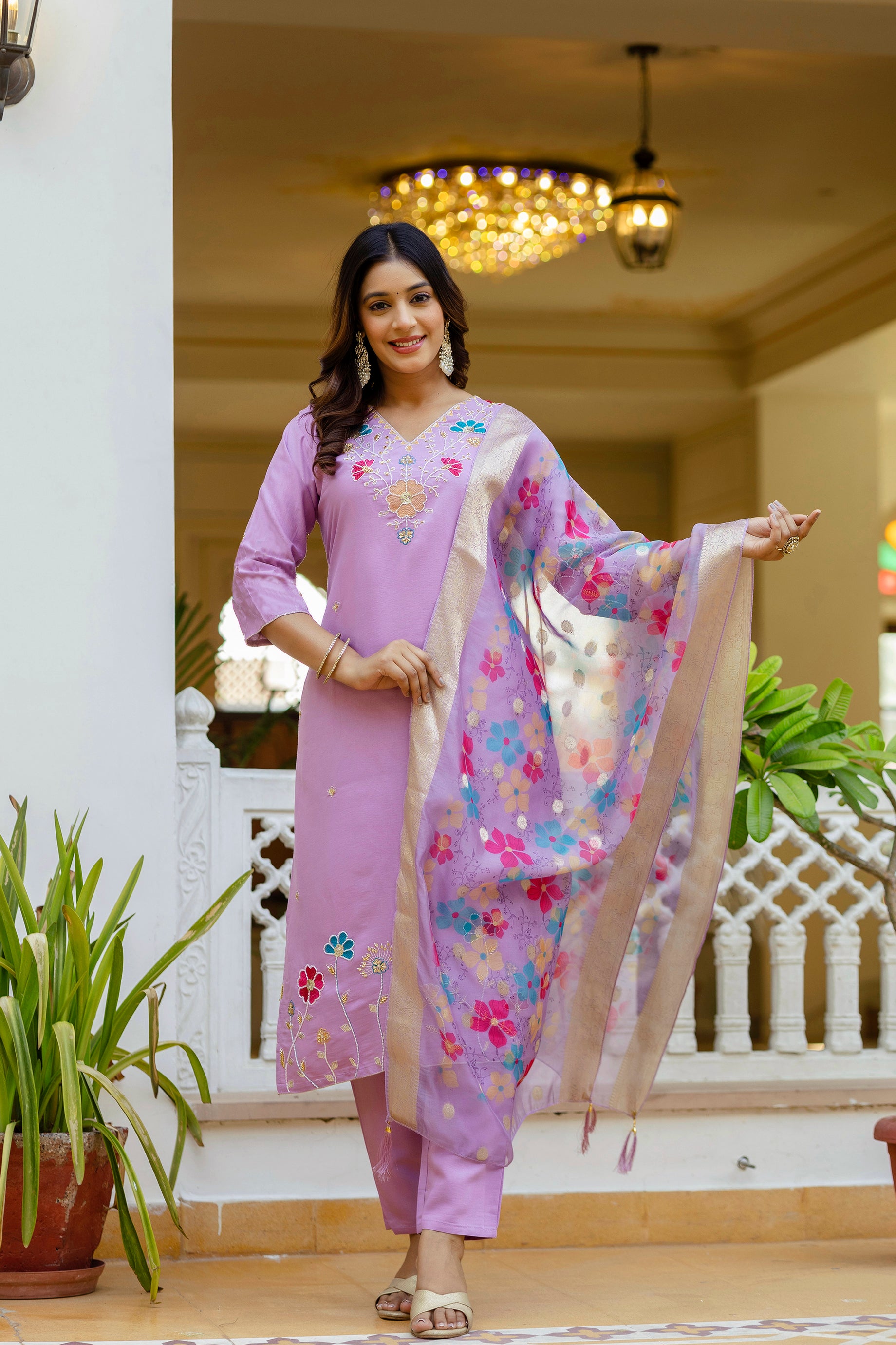 Lavender Embroidered Kurta Set