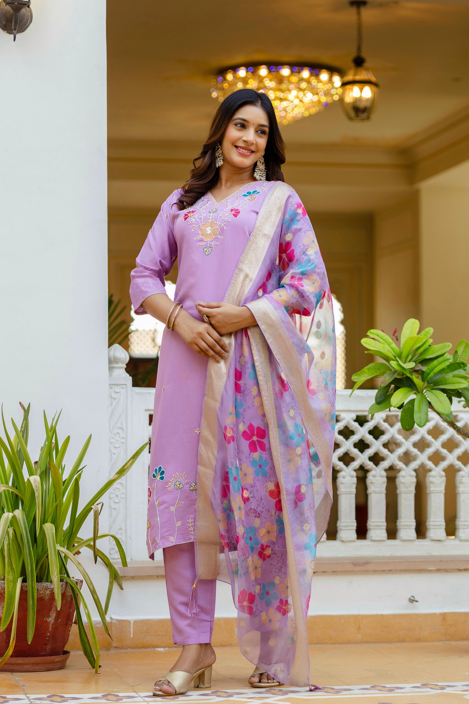 Lavender Embroidered Kurta Set