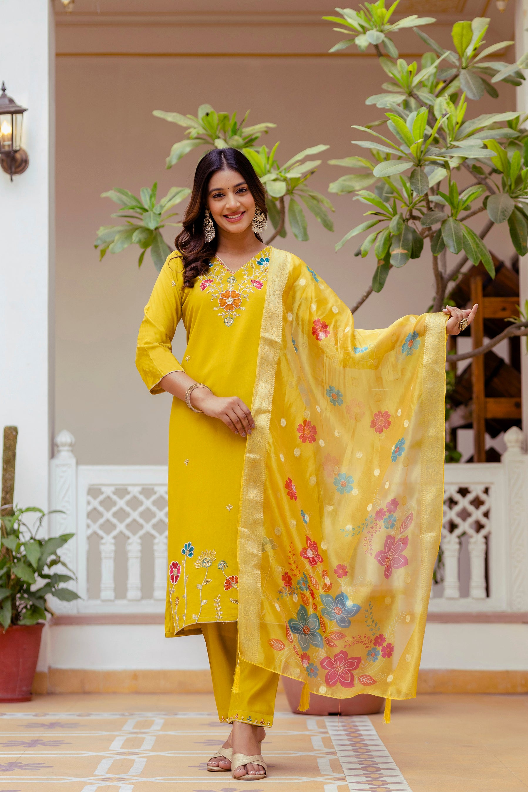 Yellow Viscose Gadhwal Embroidered Kurta Set