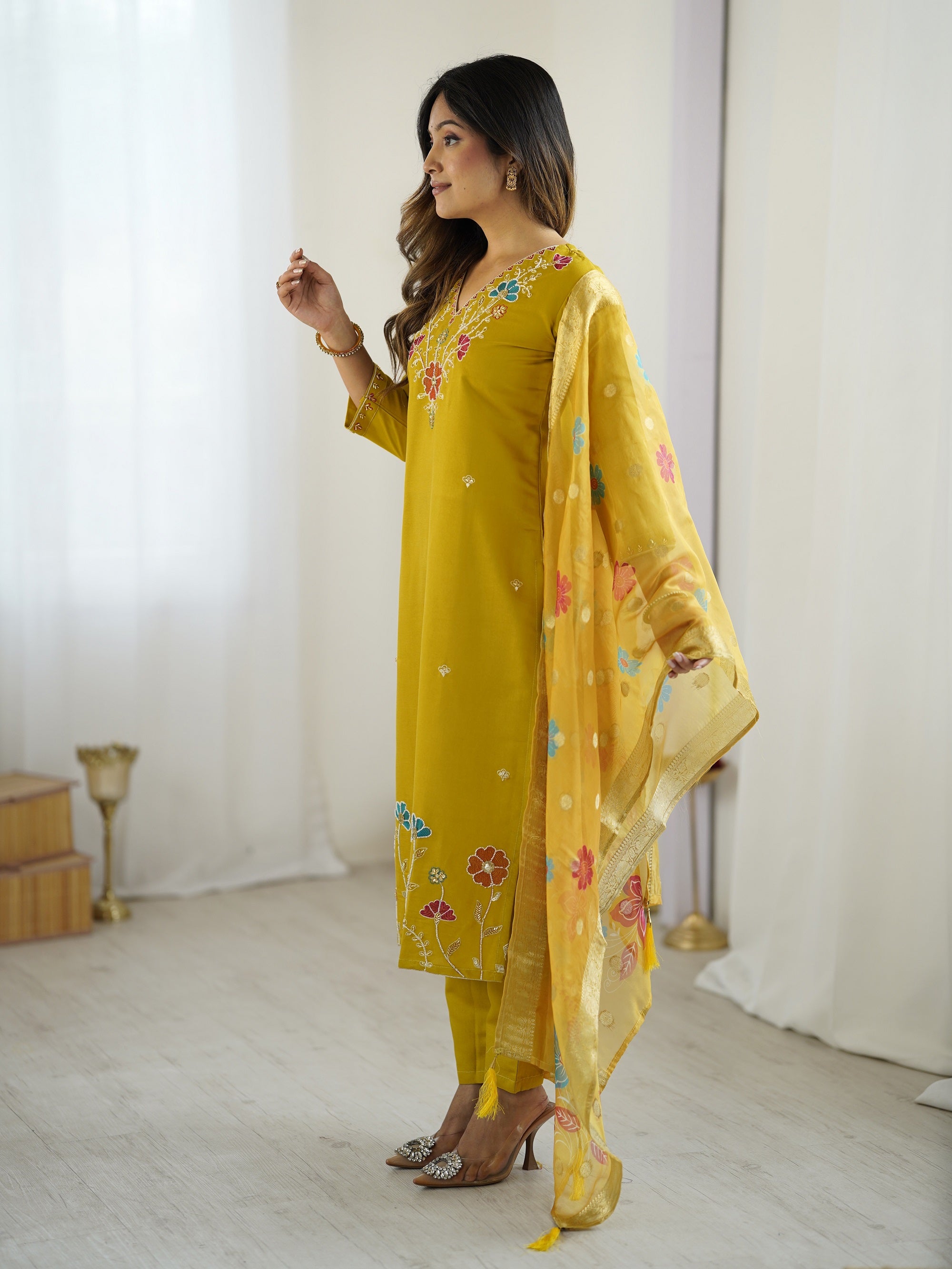 Yellow Embroidered Beads Work Kurta Suit Set