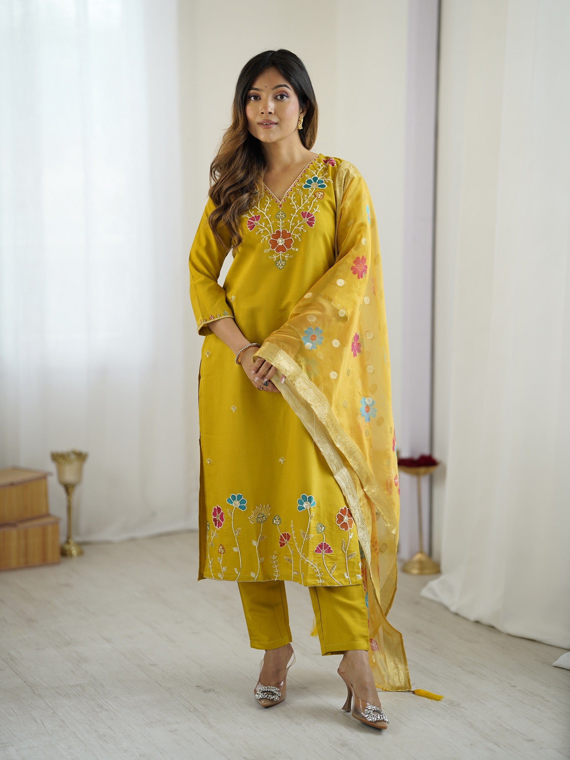 Yellow Embroidered Beads Work Kurta Suit Set