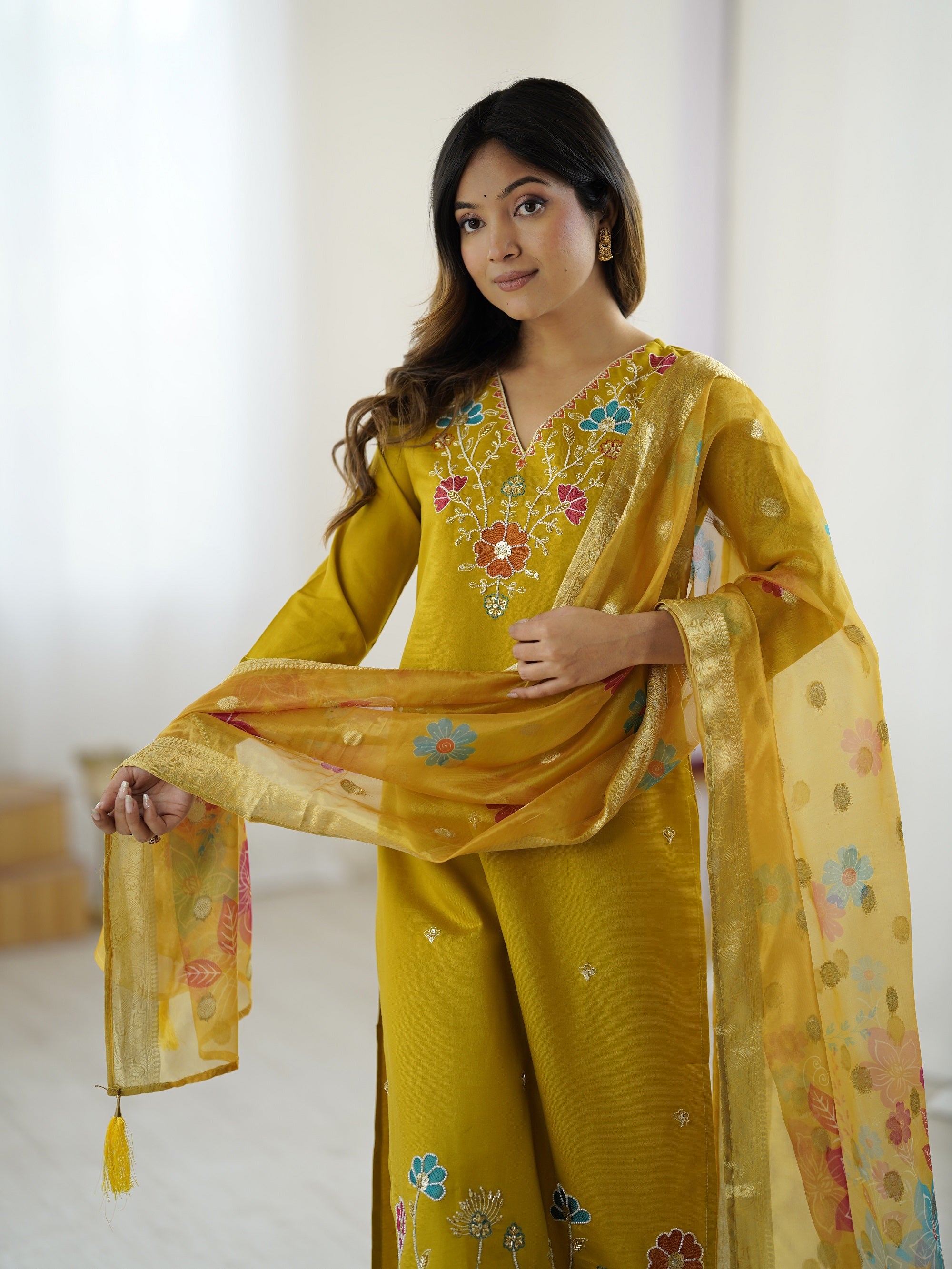 Yellow Embroidered Beads Work Kurta Suit Set